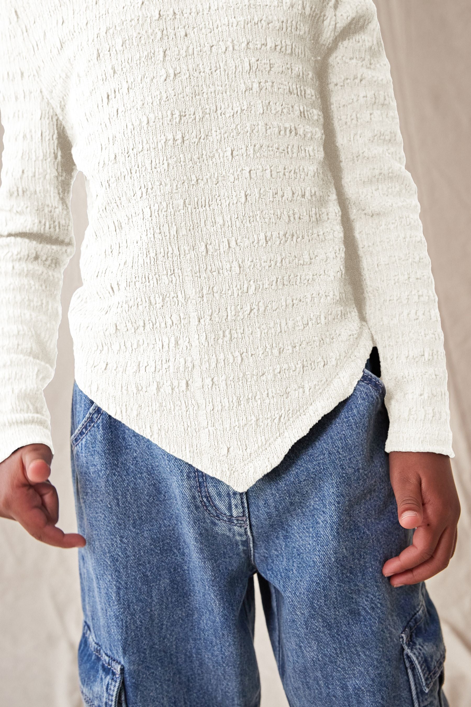 White Textured Hanky Hem Long Sleeve Top (3-16yrs)