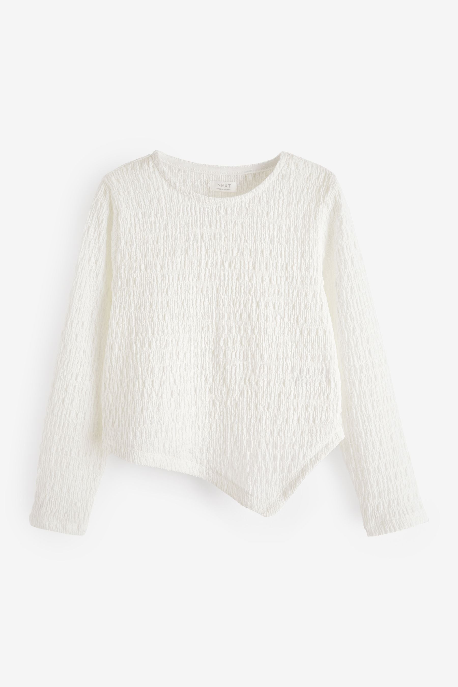 White Textured Hanky Hem Long Sleeve Top (3-16yrs)