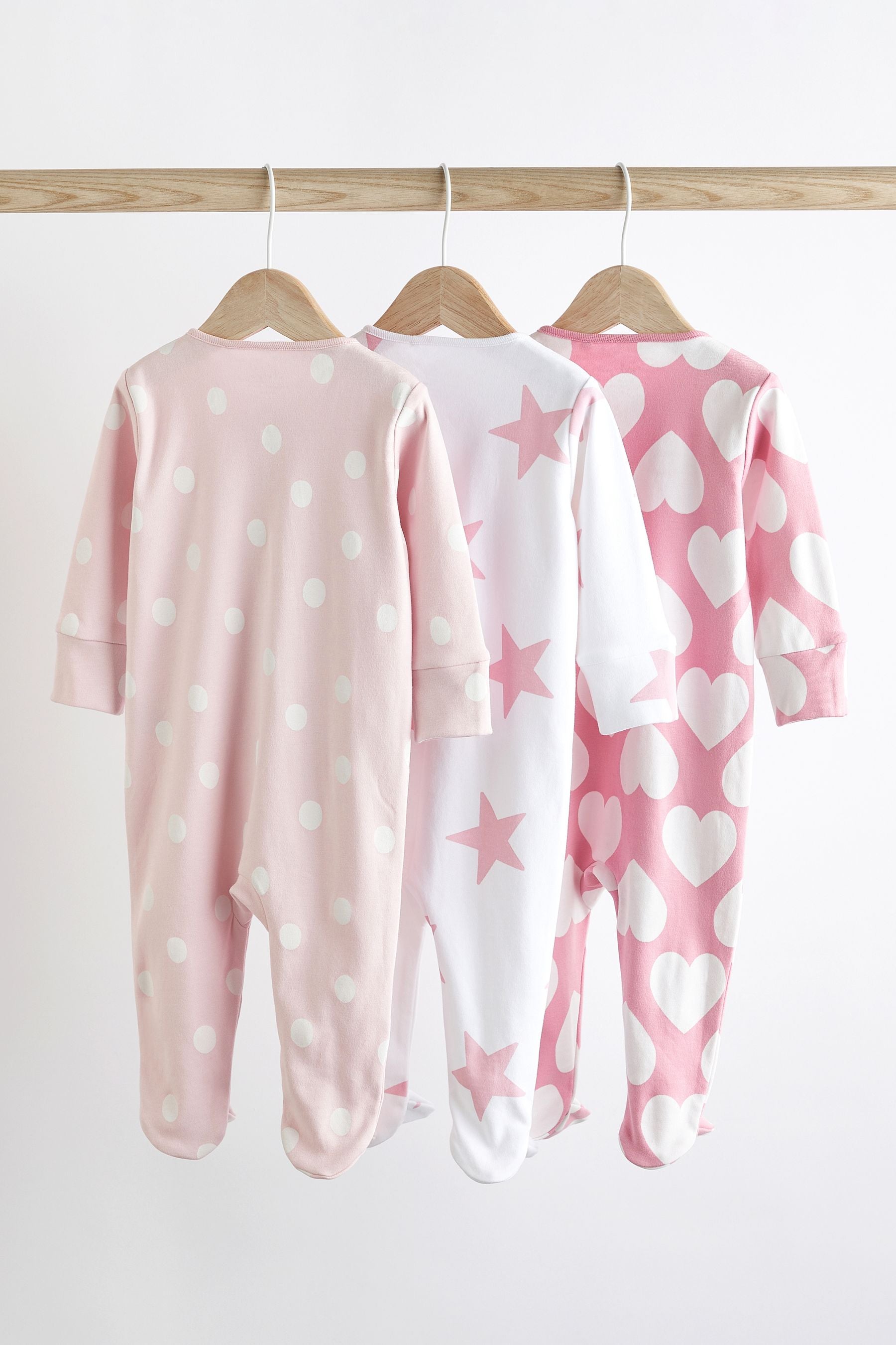 Pink/White Two Way Zip Baby Sleepsuits 3 Pack (0-3yrs)