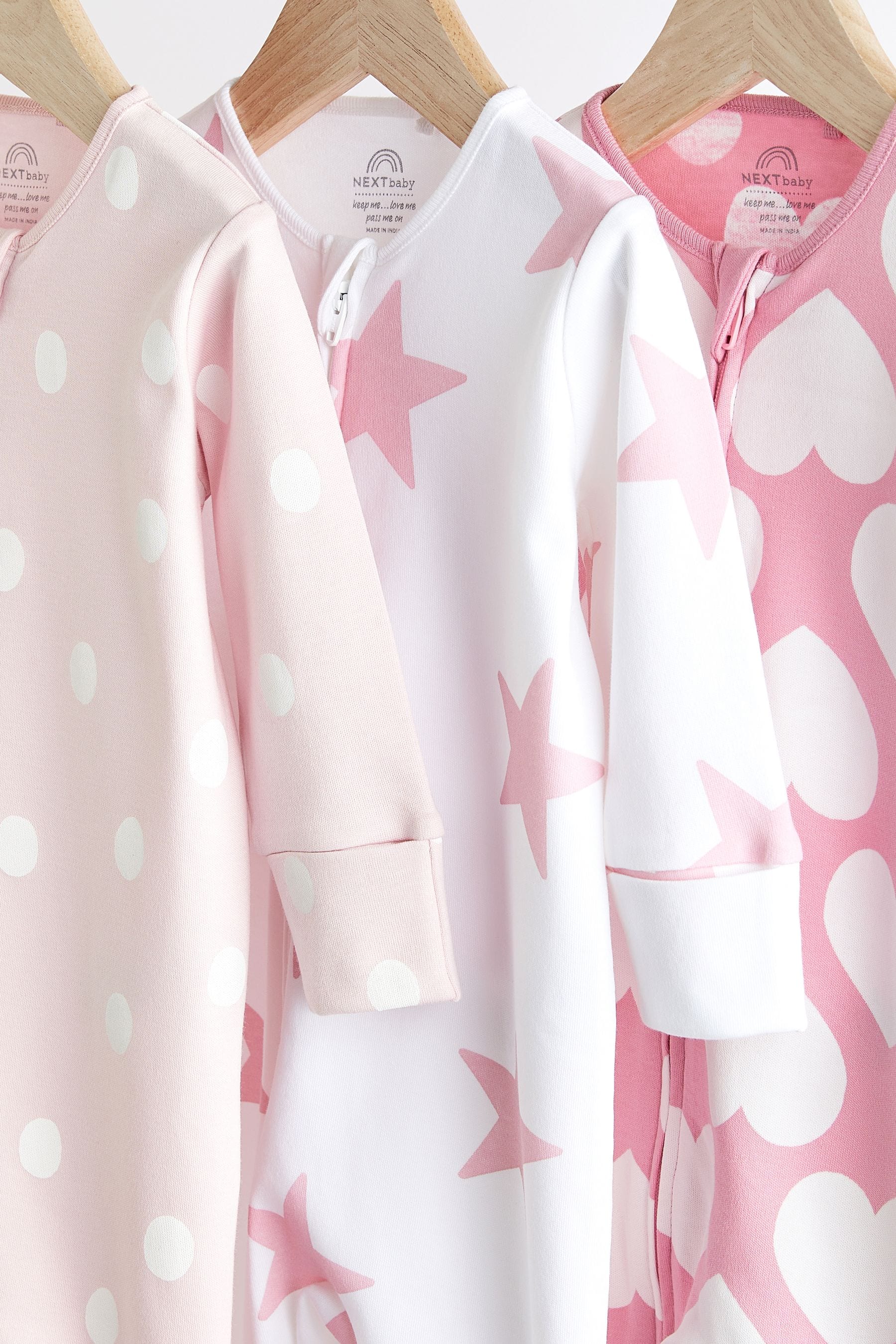 Pink/White Two Way Zip Baby Sleepsuits 3 Pack (0-3yrs)