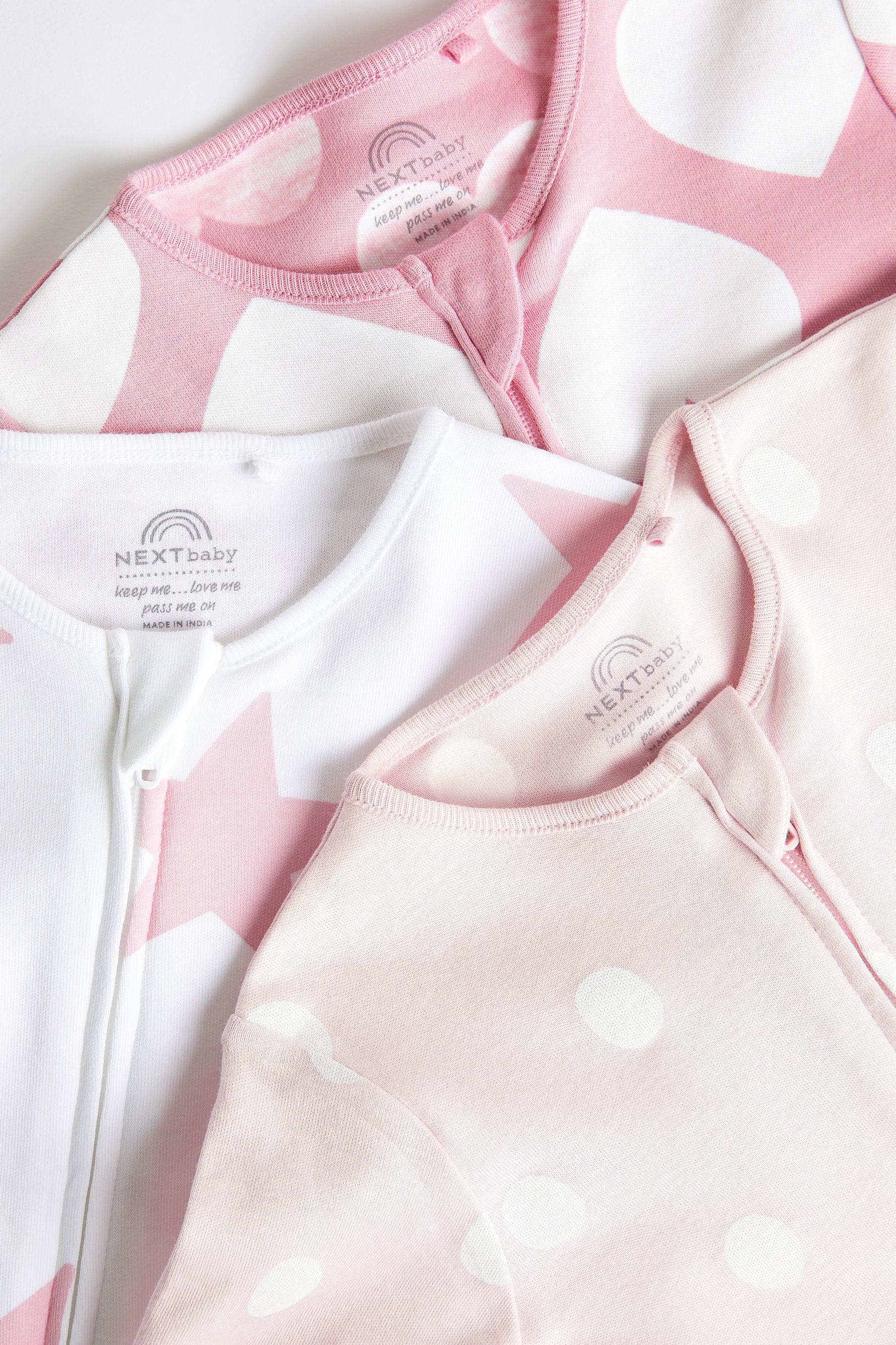 Pink/White Two Way Zip Baby Sleepsuits 3 Pack (0-3yrs)