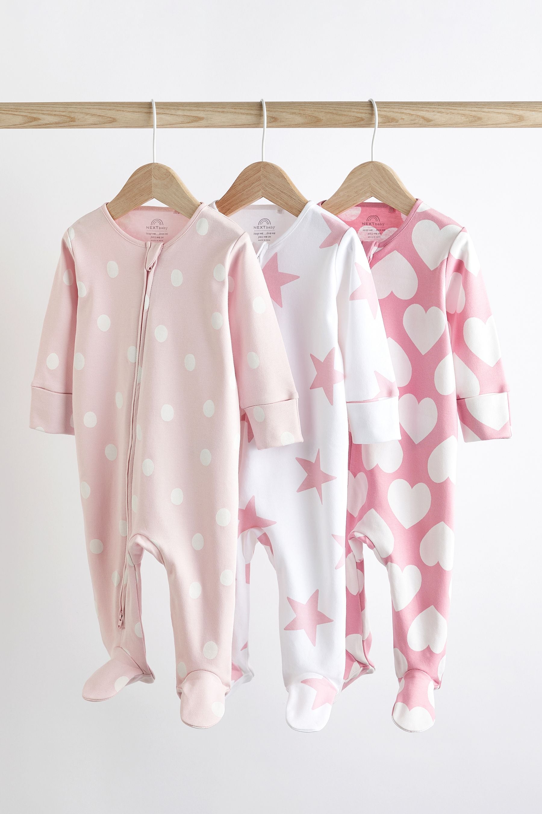 Pink/White Two Way Zip Baby Sleepsuits 3 Pack (0-3yrs)