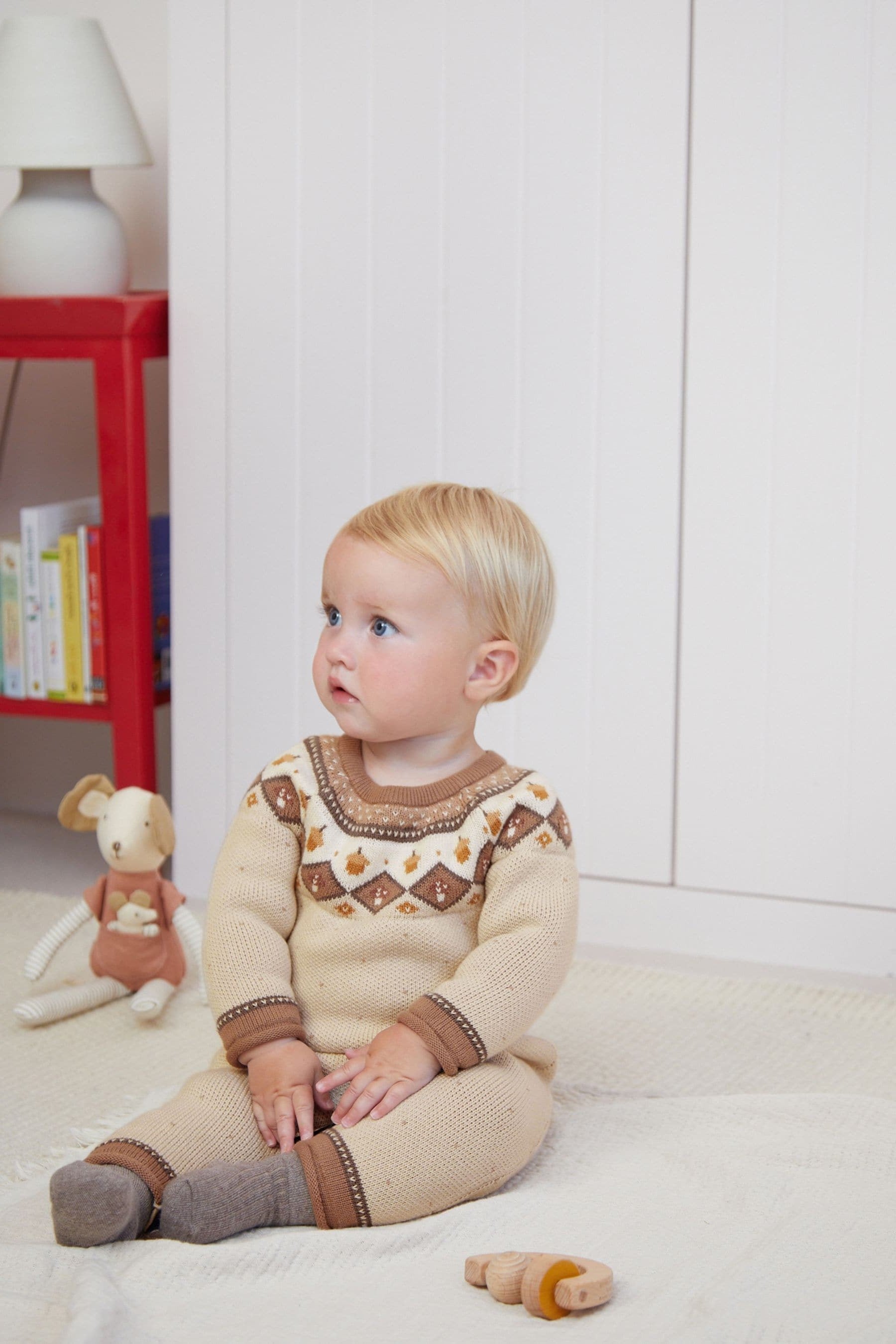 Tan Brown Fairisle Knitted Baby Romper (0mths-2yrs)