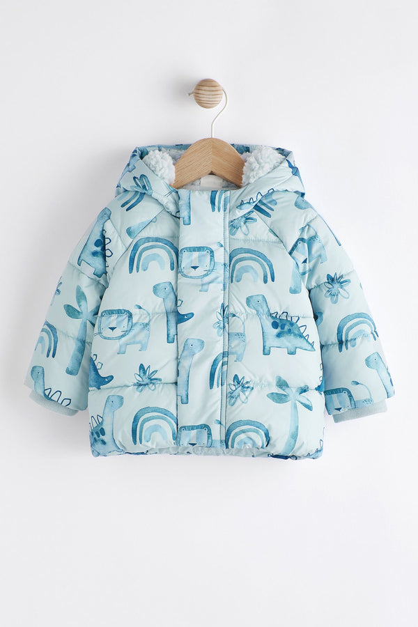 Blue Dinosaur Hooded Baby Puffer Jacket (0mths-2yrs)