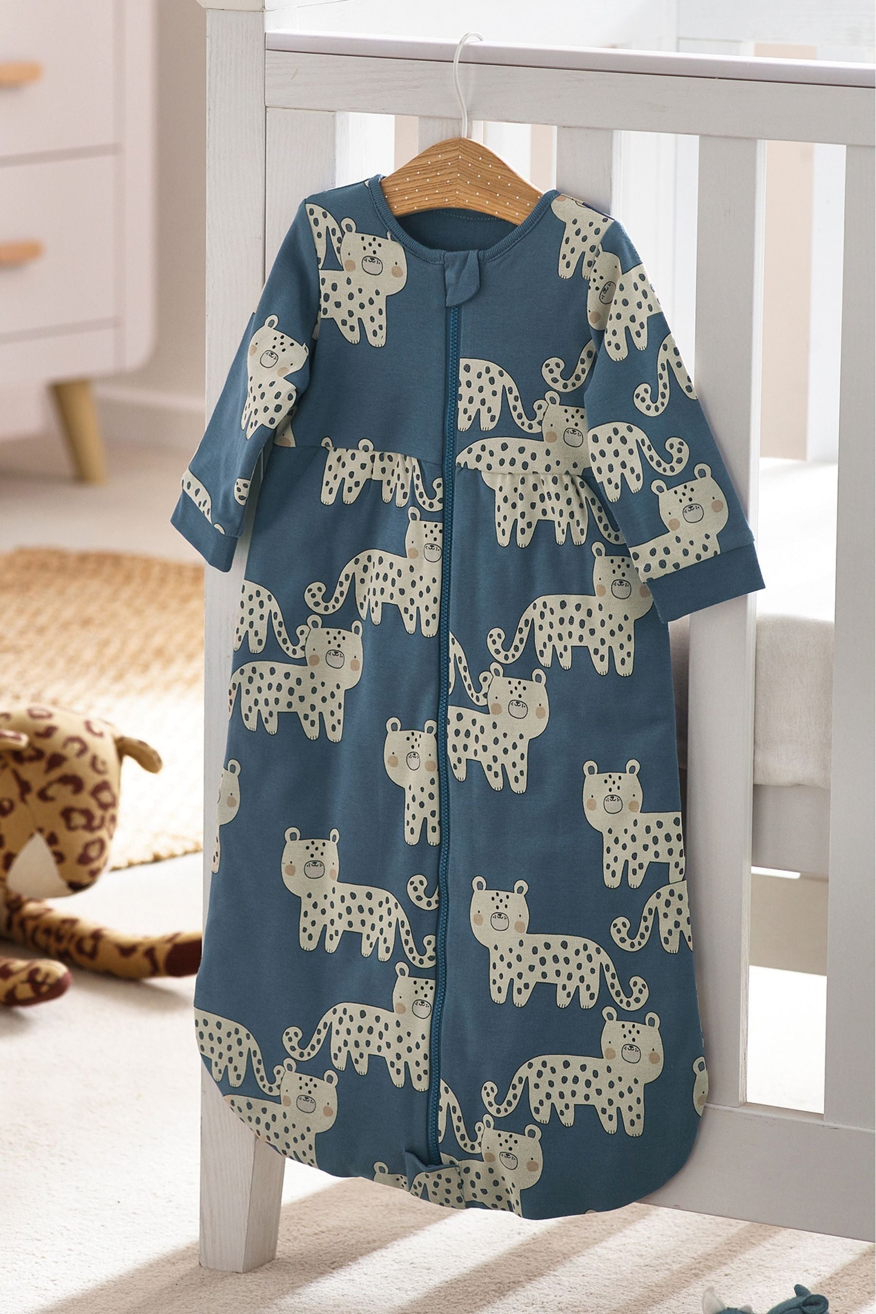 Blue Leopard Baby 100% Cotton Long Sleeve 2 Tog Sleep Bag