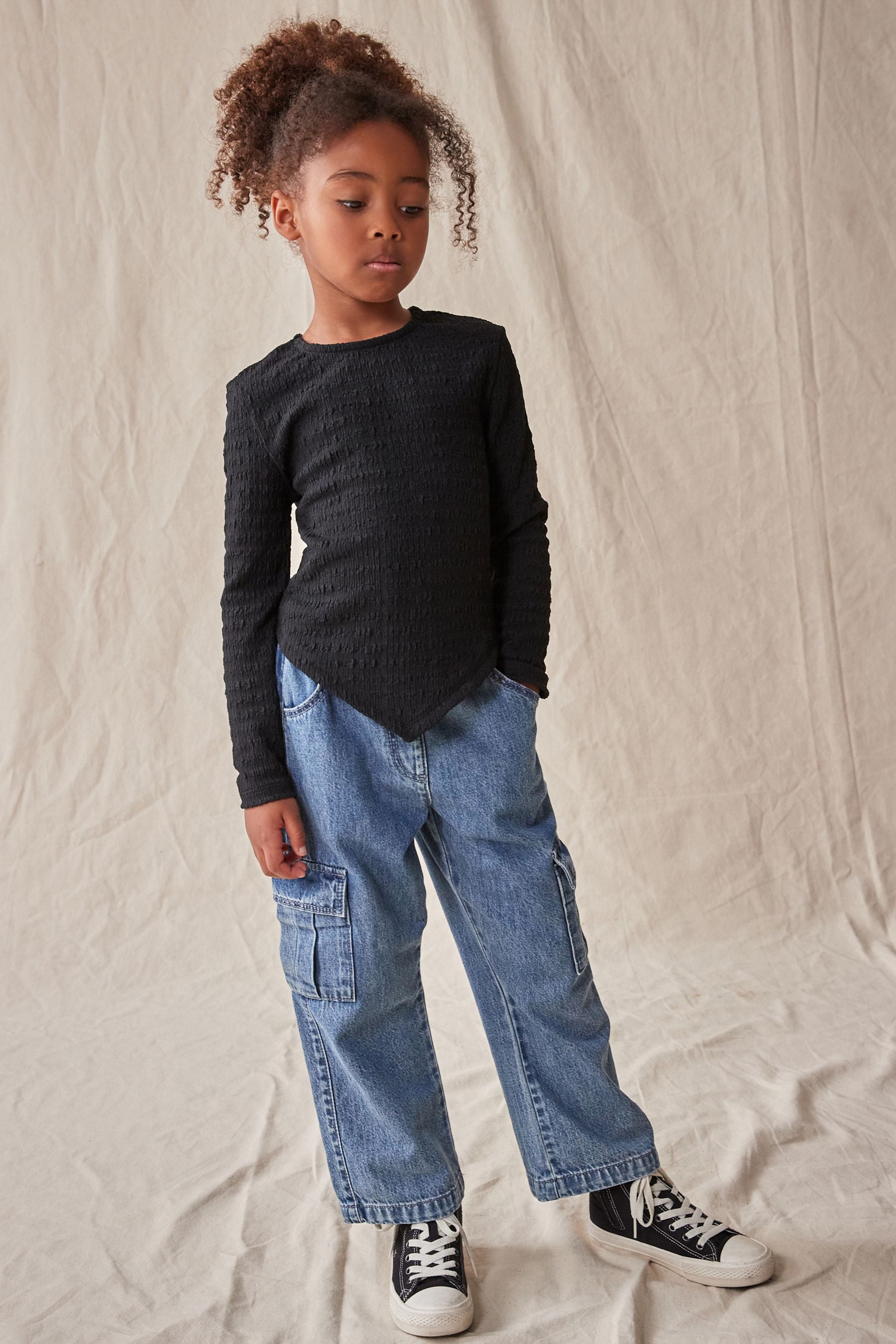 Black Textured Hanky Hem Long Sleeve Top (3-16yrs)