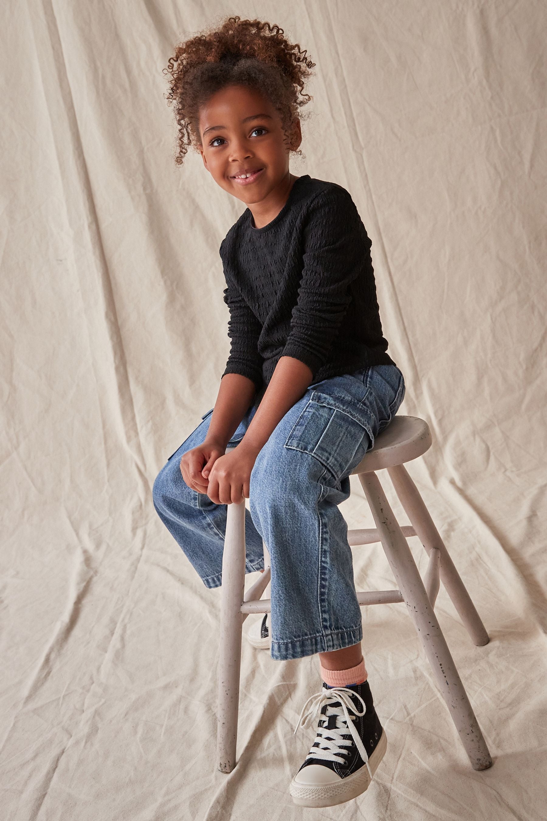 Black Textured Hanky Hem Long Sleeve Top (3-16yrs)