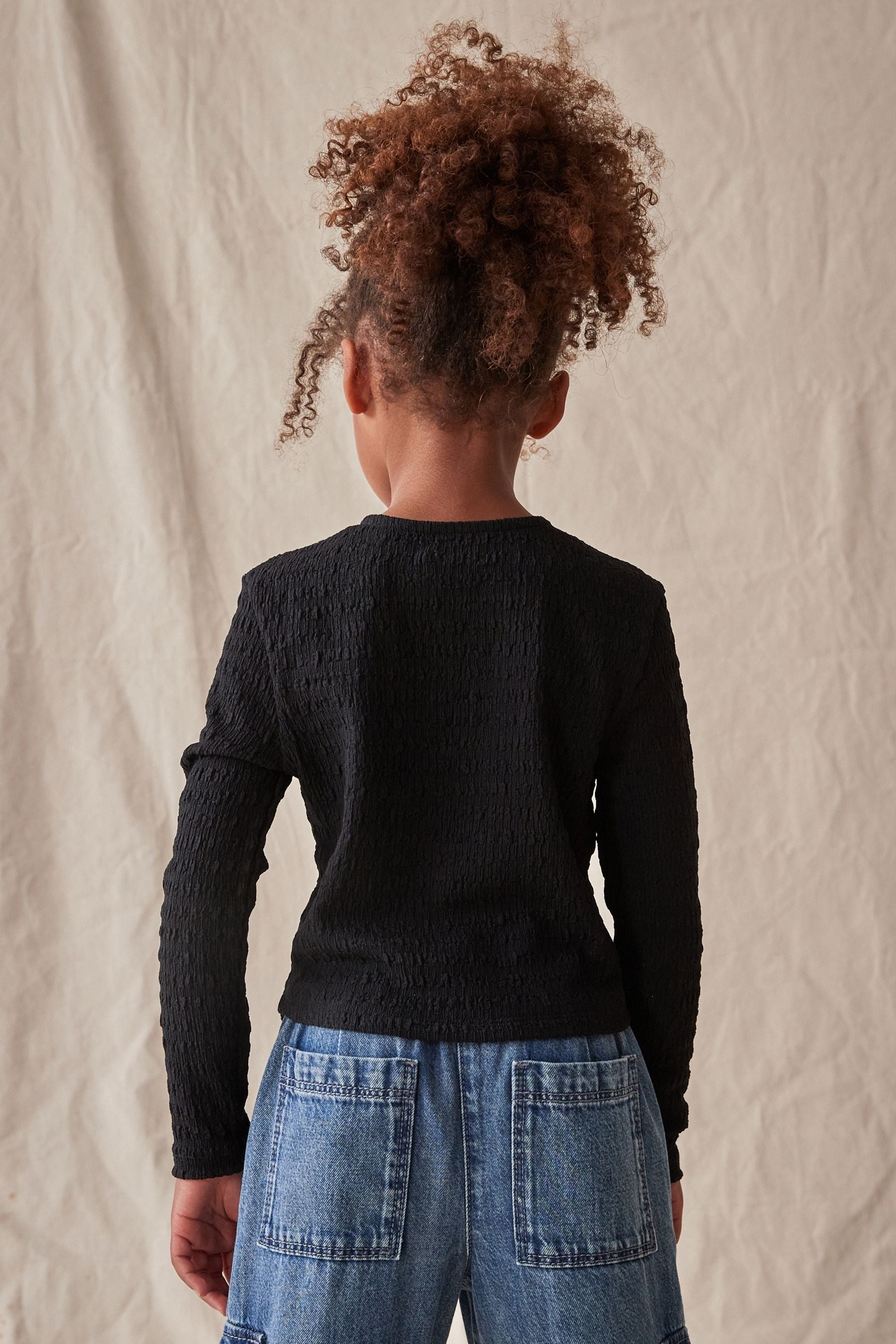 Black Textured Hanky Hem Long Sleeve Top (3-16yrs)