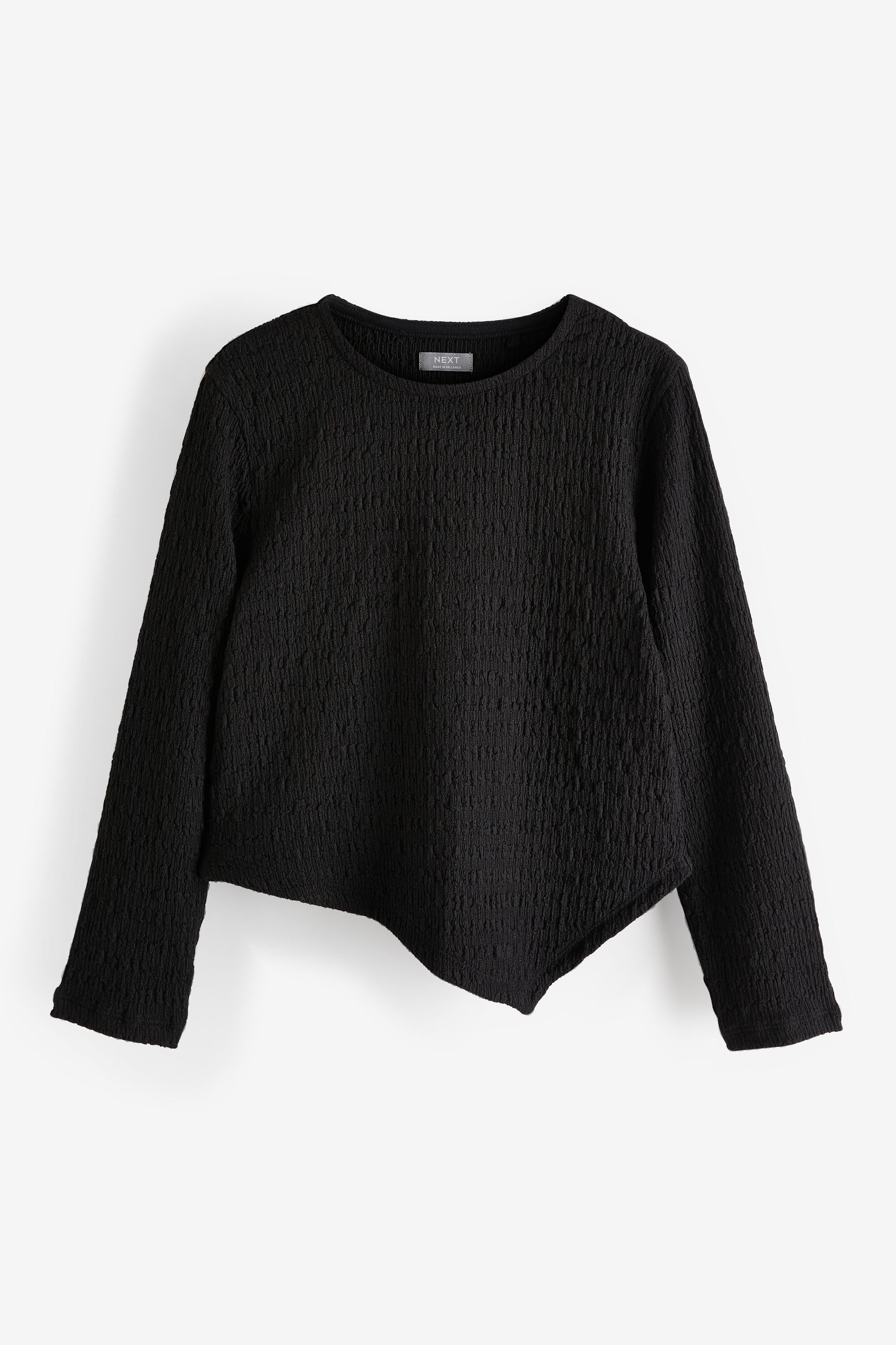 Black Textured Hanky Hem Long Sleeve Top (3-16yrs)