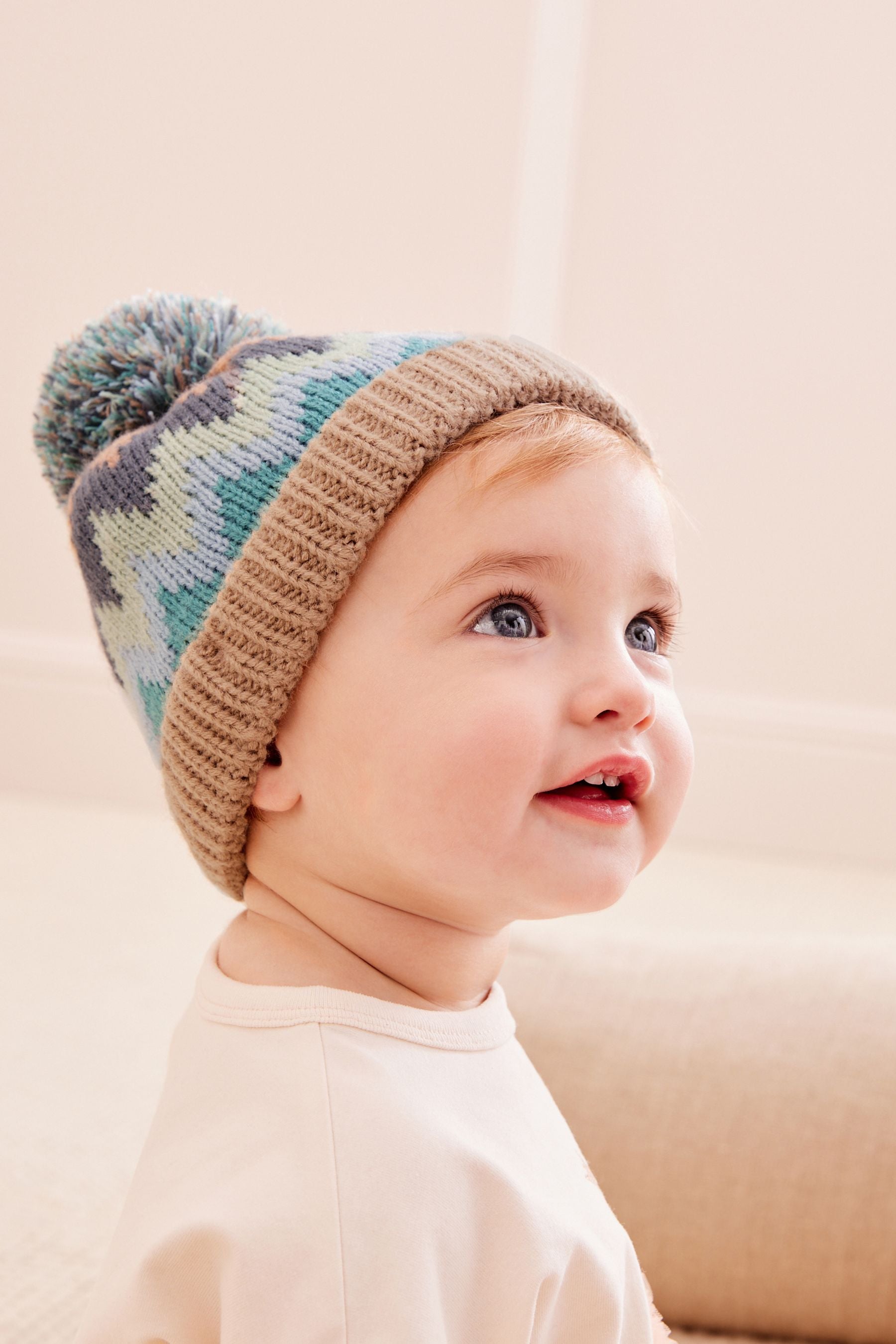 Neutral Green Baby Knitted Pom Hat (0mths-2yrs)