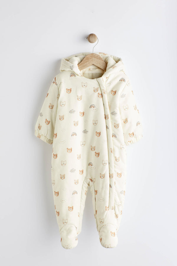 Cream Bear Corduroy Fleece Lined Baby All-In-One Pramsuit