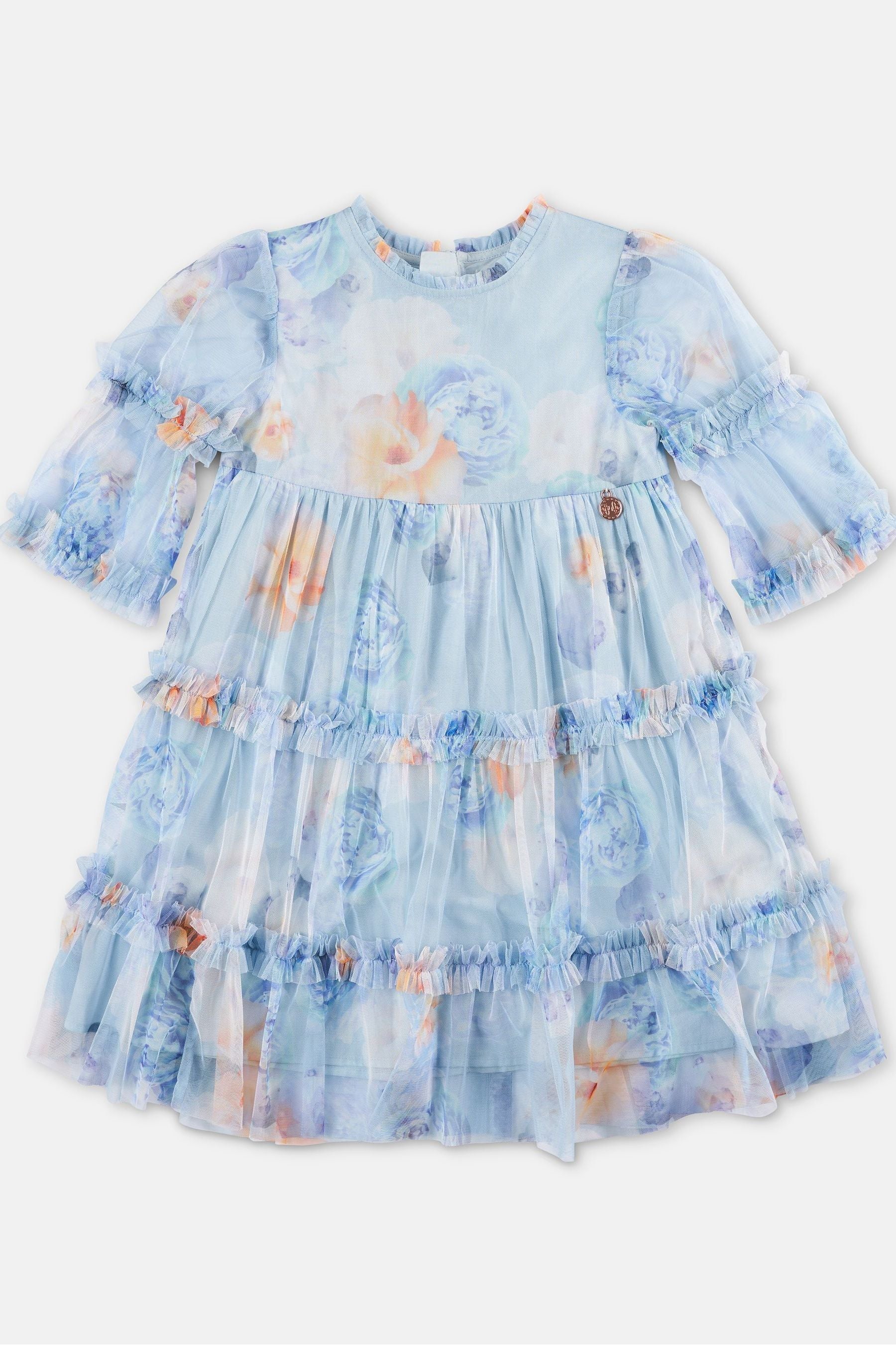 Angel & Rocket Blue Floral Printed Mesh Tiered Dress