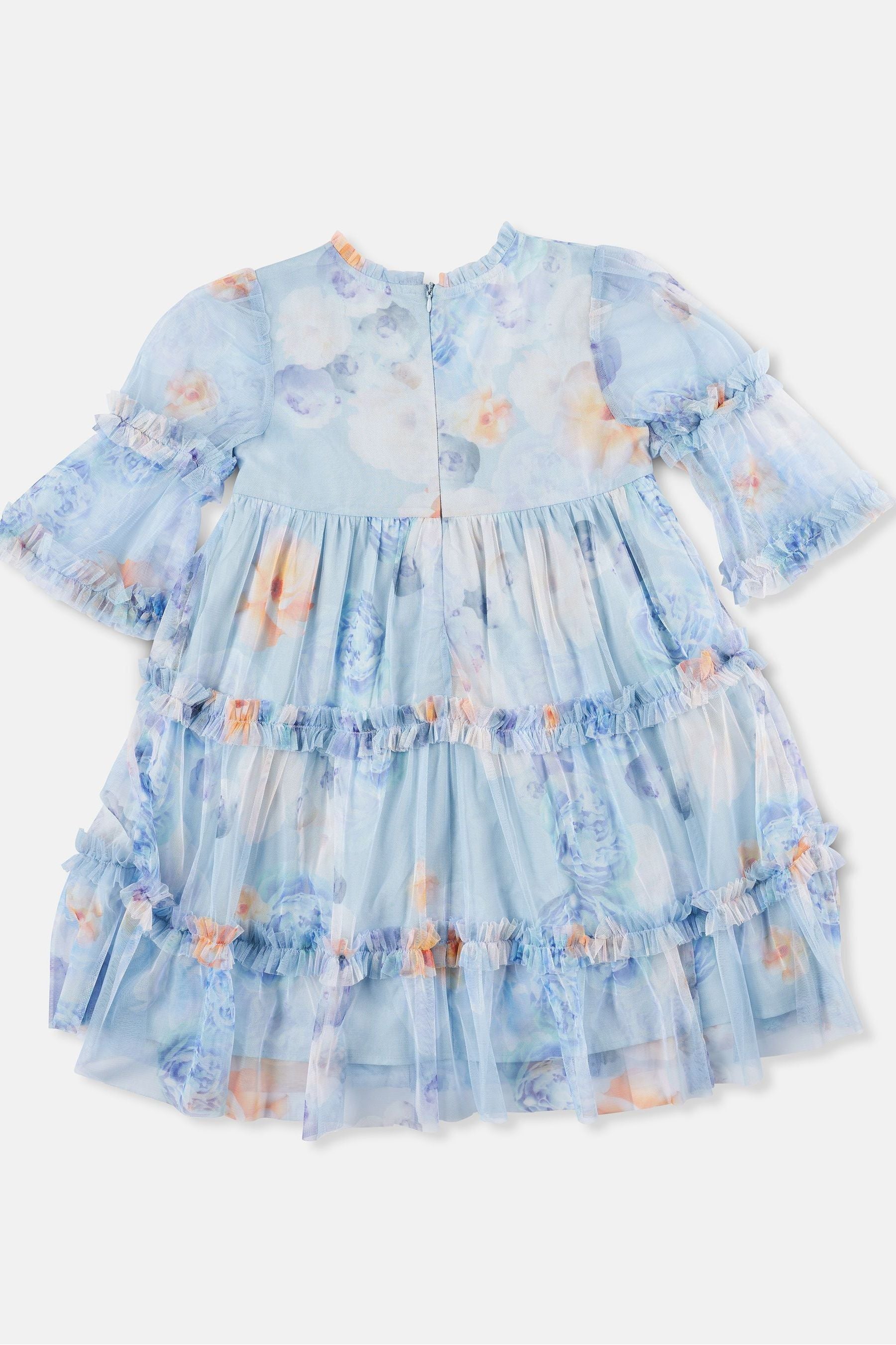 Angel & Rocket Blue Floral Printed Mesh Tiered Dress