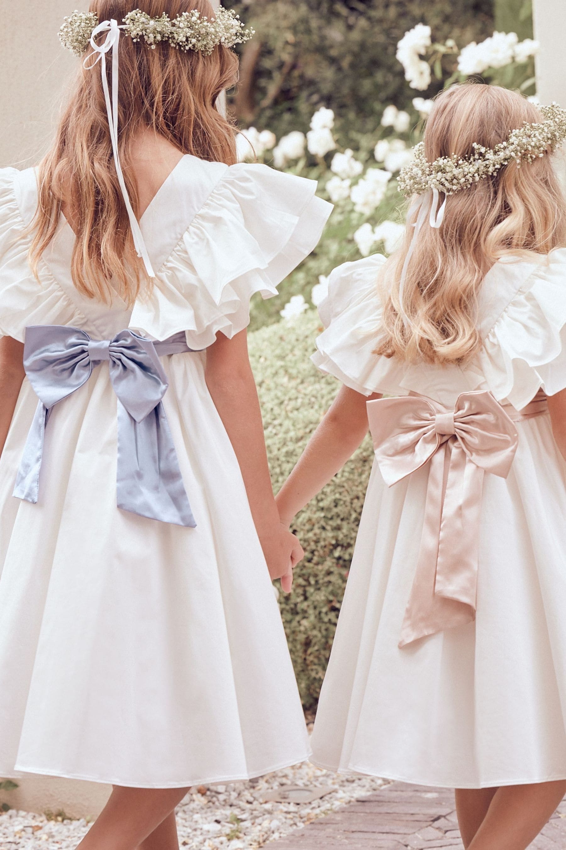 White/Blue Angel & Rocket Taffeta Ruffle Bow Sylvie Dress