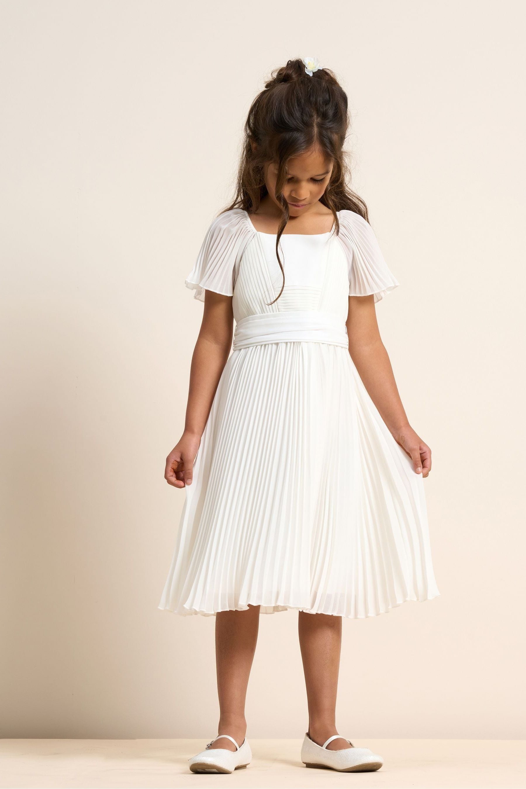 White Angel & Rocket Pleated Ballerina Occasion Bow Dress