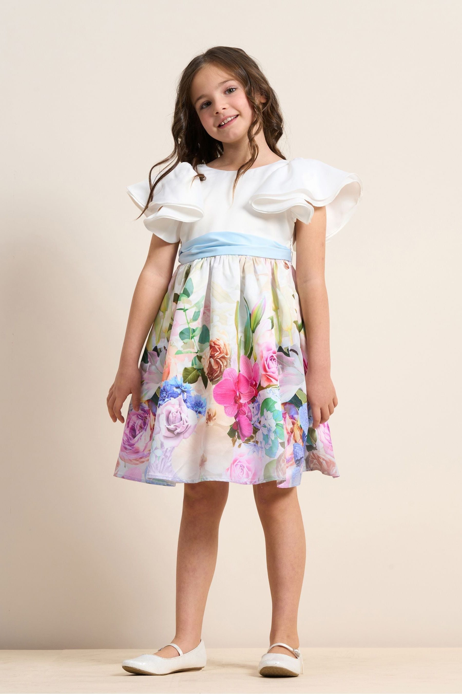 White Angel & Rocket Border Print Sylvie Ruffle Shoulder Bow Dress