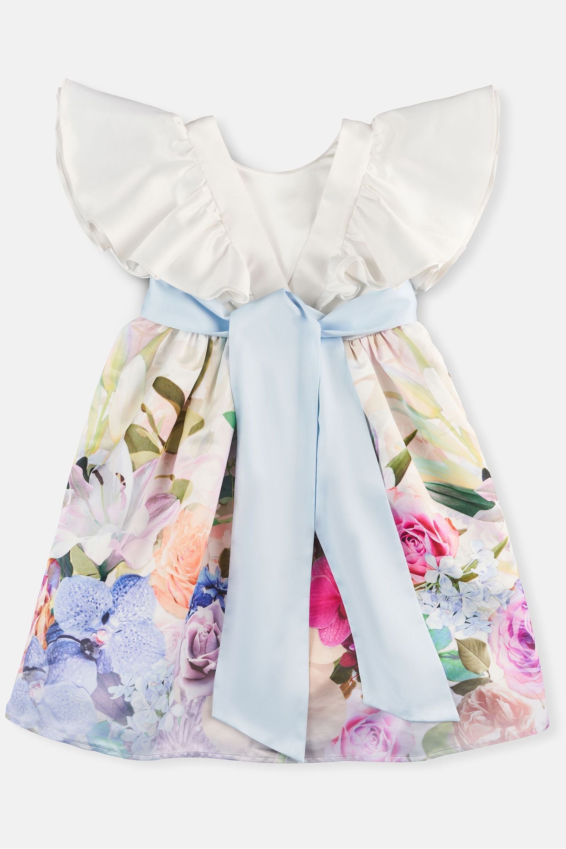 White Angel & Rocket Border Print Sylvie Ruffle Shoulder Bow Dress