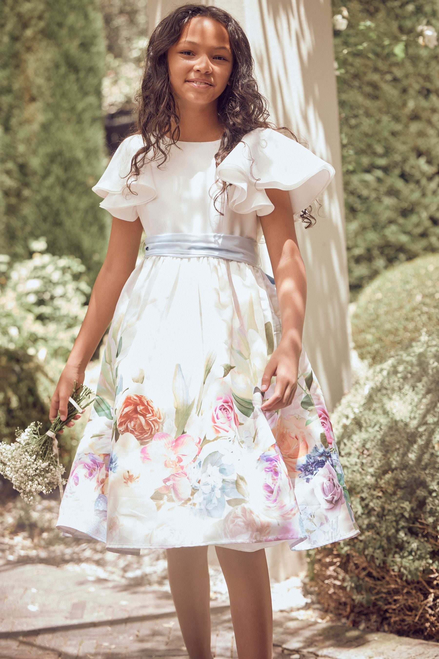 White Angel & Rocket Border Print Sylvie Ruffle Shoulder Bow Dress