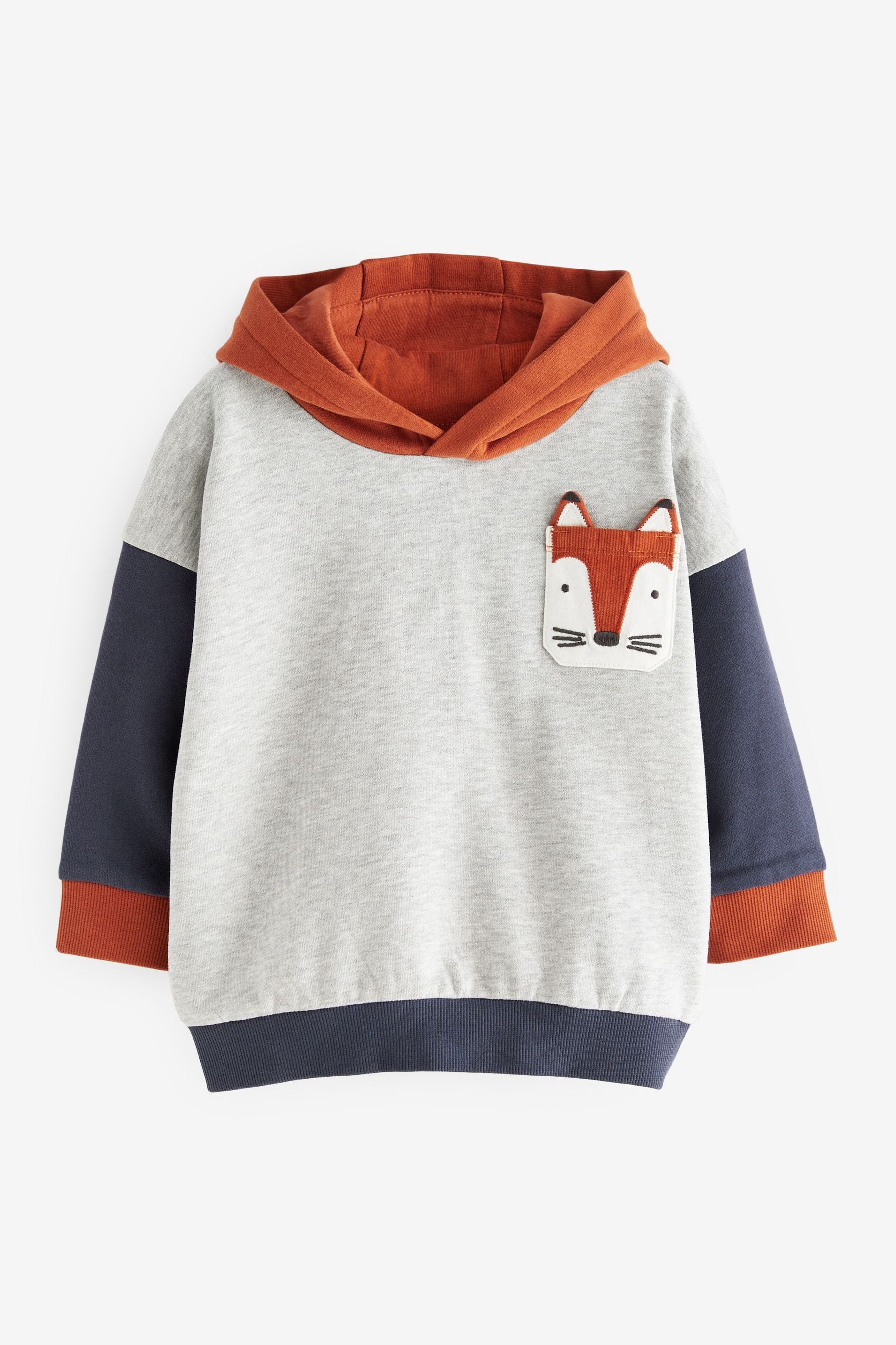 Grey Blue Orange Fox Colourblock Character Hoodie (3mths-7yrs)