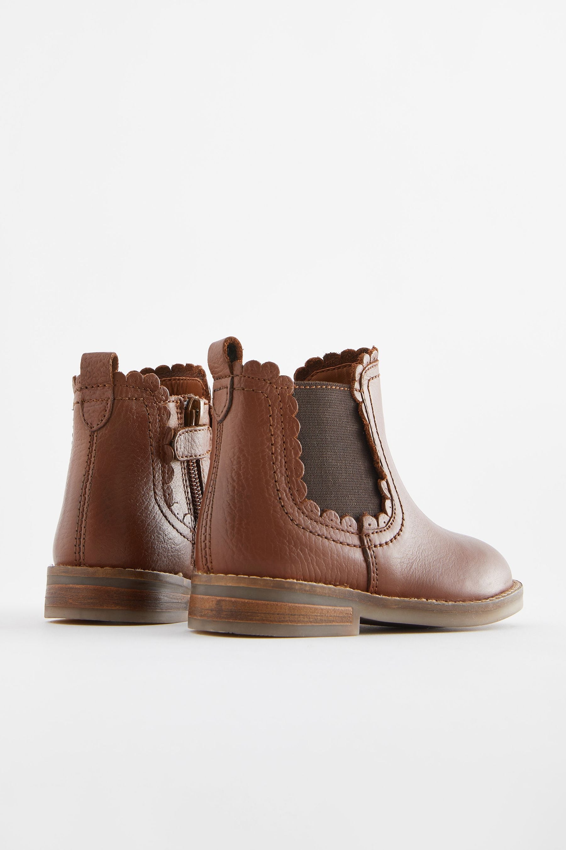 Tan Brown Leather Wide Fit (G) Scallop Chelsea Boots