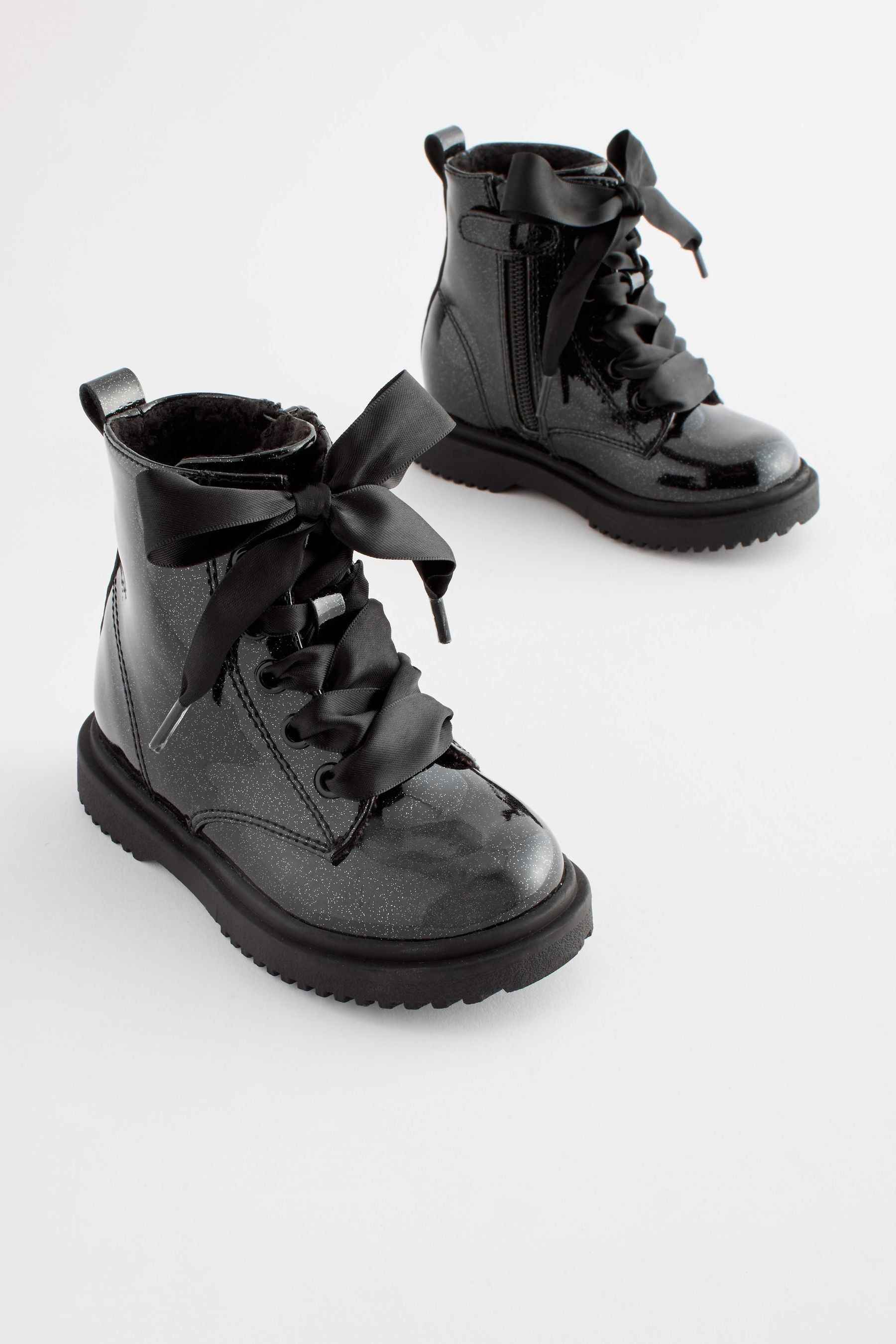 Black Patent Standard Fit (F) Warm Lined Lace-Up Boots