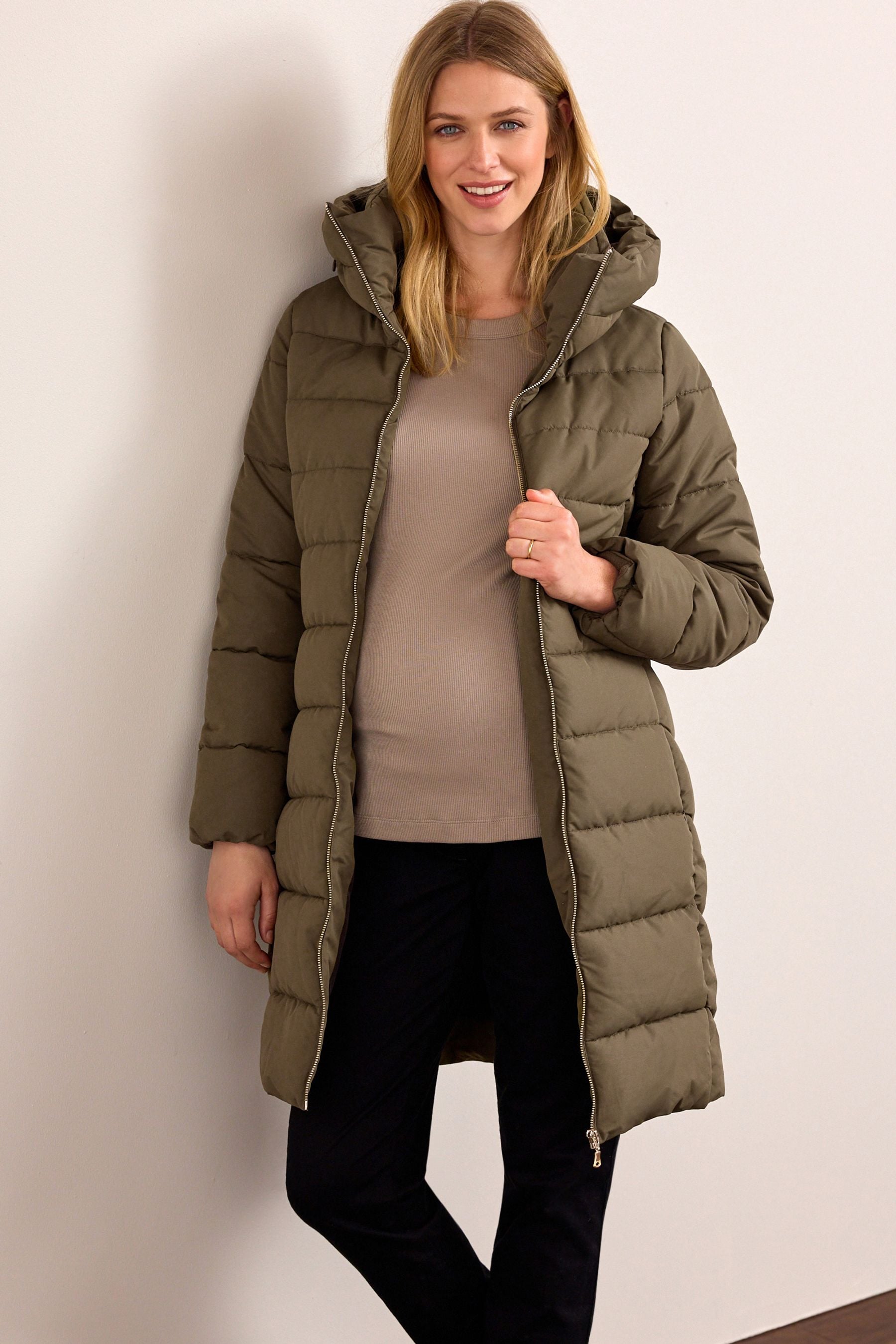 Khaki Green Maternity Padded Shower Resistant Hooded Coat With Zip-Out Panel