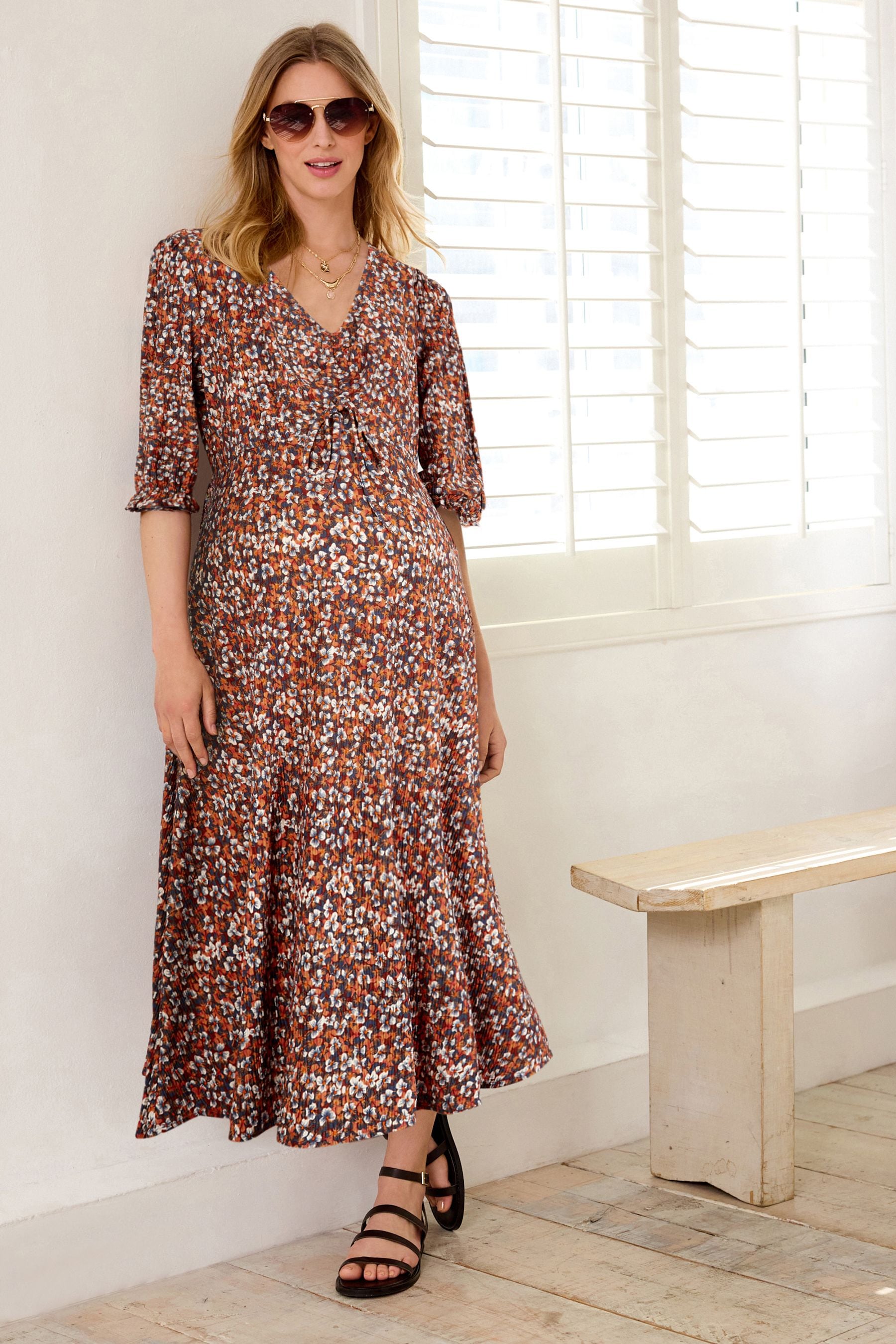 Floral Maternity Ruched Front Print Dress