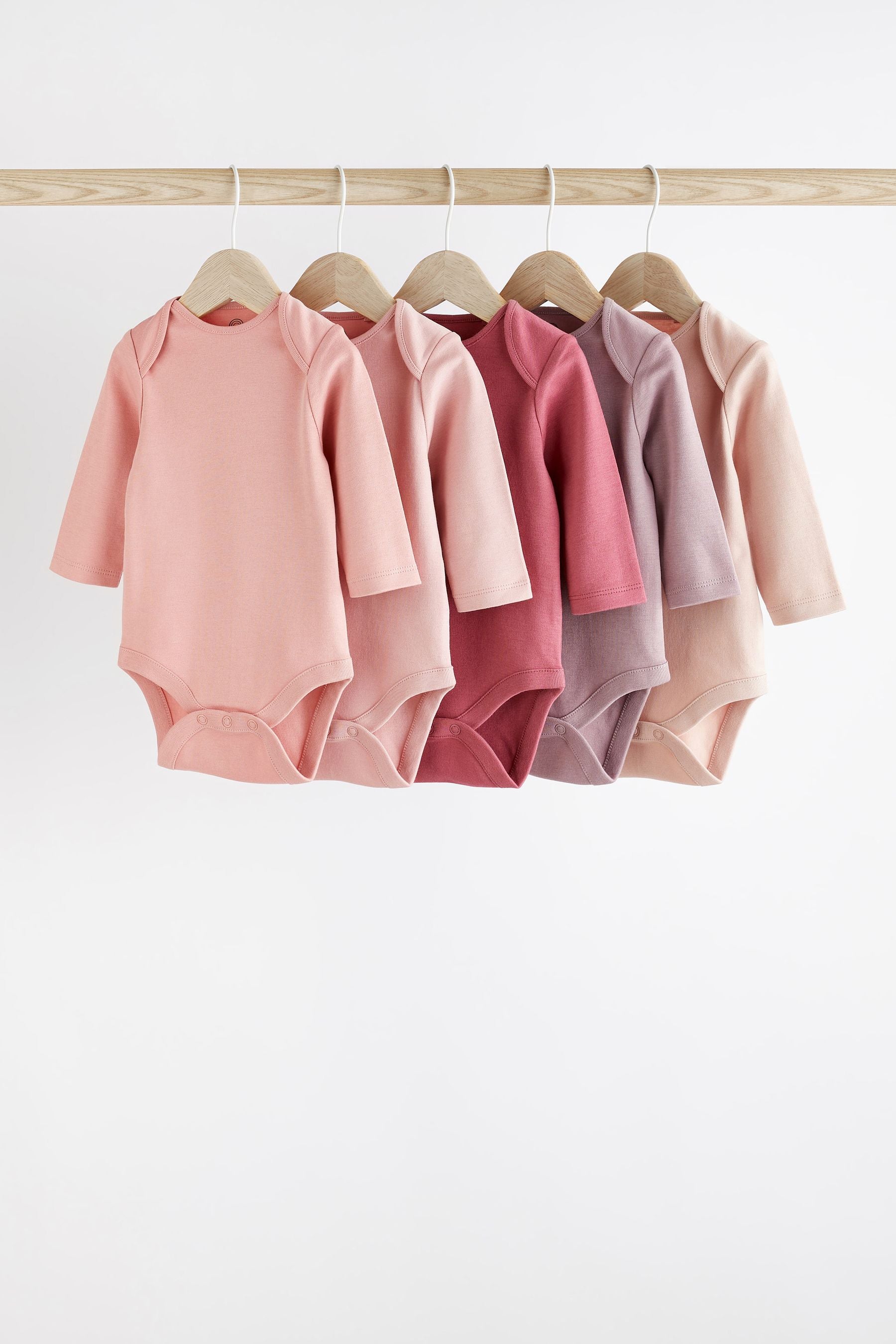 Pink 5 Pack Essential Long Sleeve 100% Cotton Baby Bodysuits