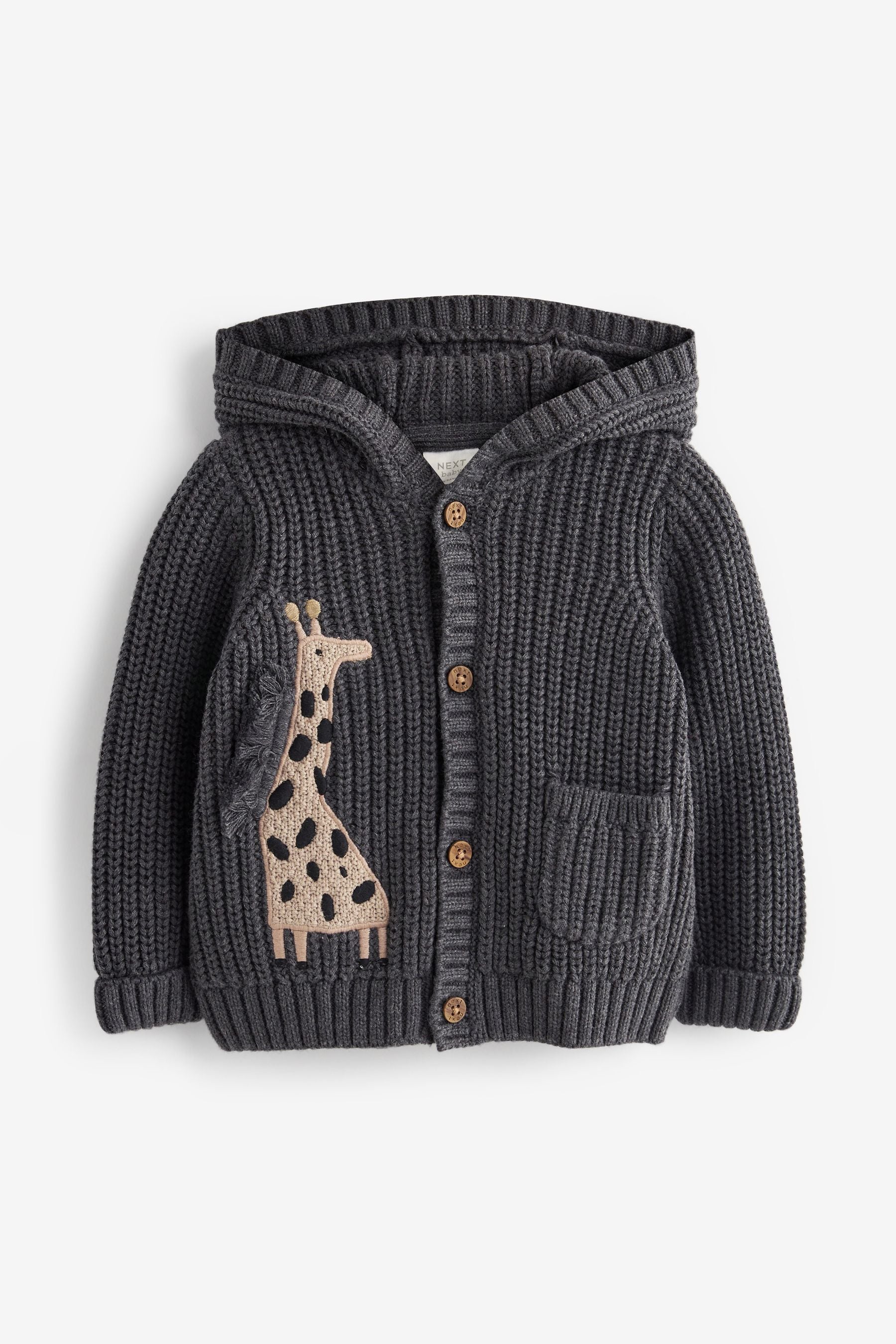 Charcoal Grey Giraffe Baby Knitted Hooded Cardigan (0mths-2yrs)