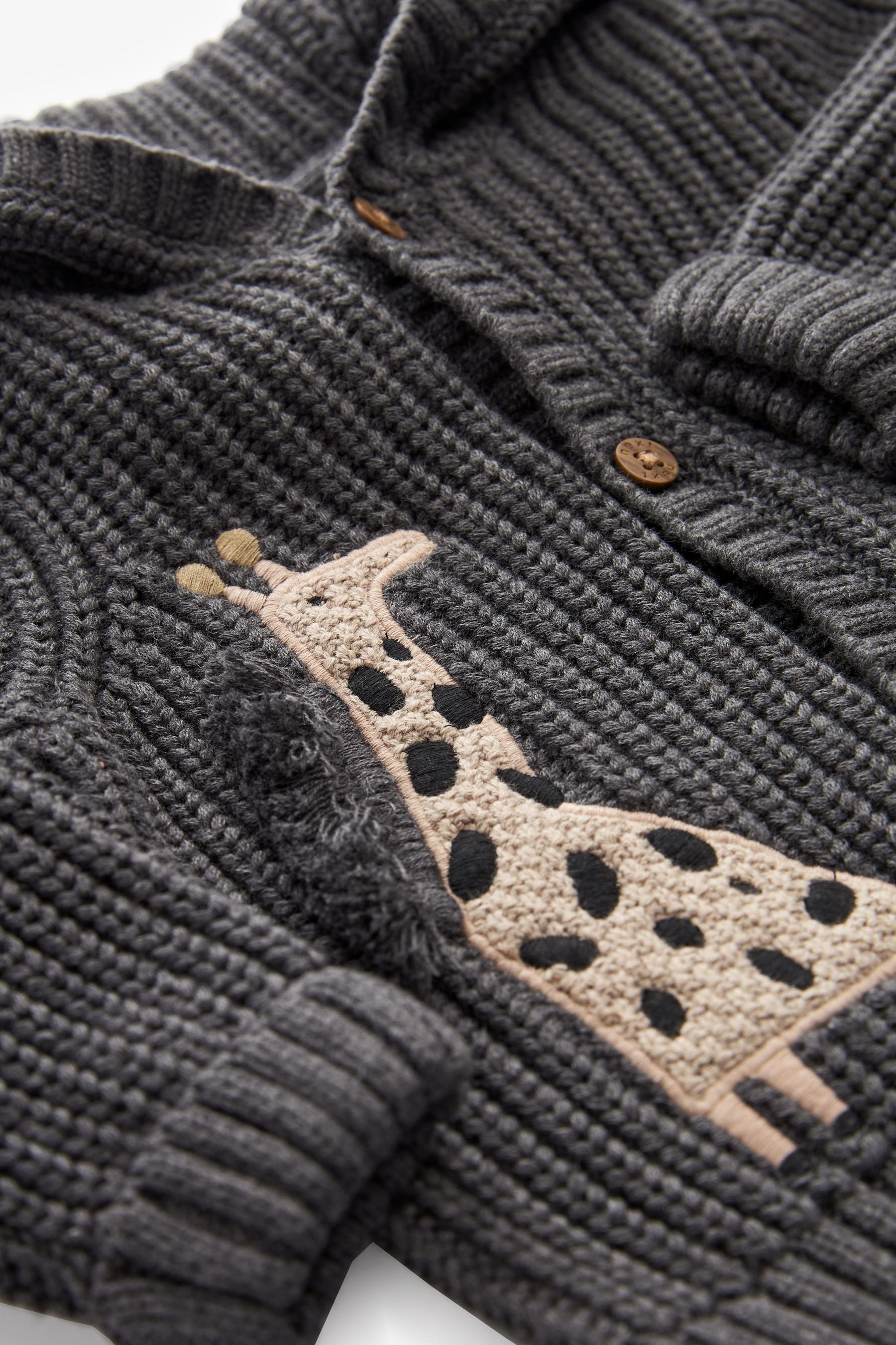 Charcoal Grey Giraffe Baby Knitted Hooded Cardigan (0mths-2yrs)