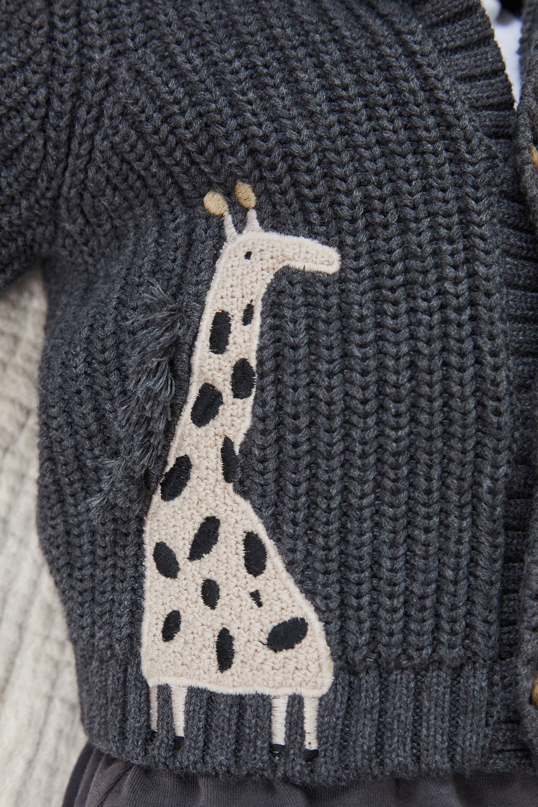 Charcoal Grey Giraffe Baby Knitted Hooded Cardigan (0mths-2yrs)