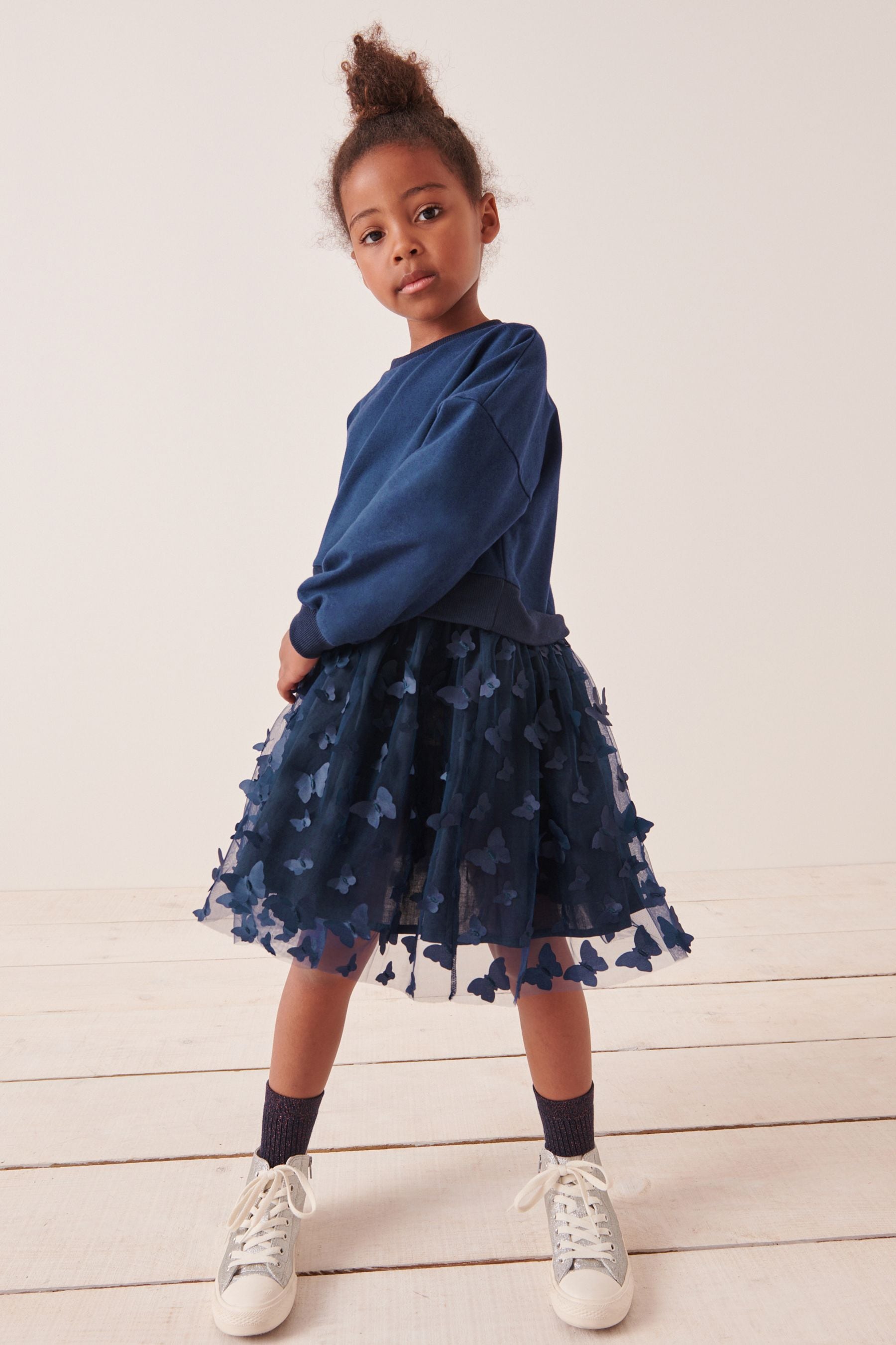 Navy Blue 3D Butterfly Sweat Dress (3-12yrs)