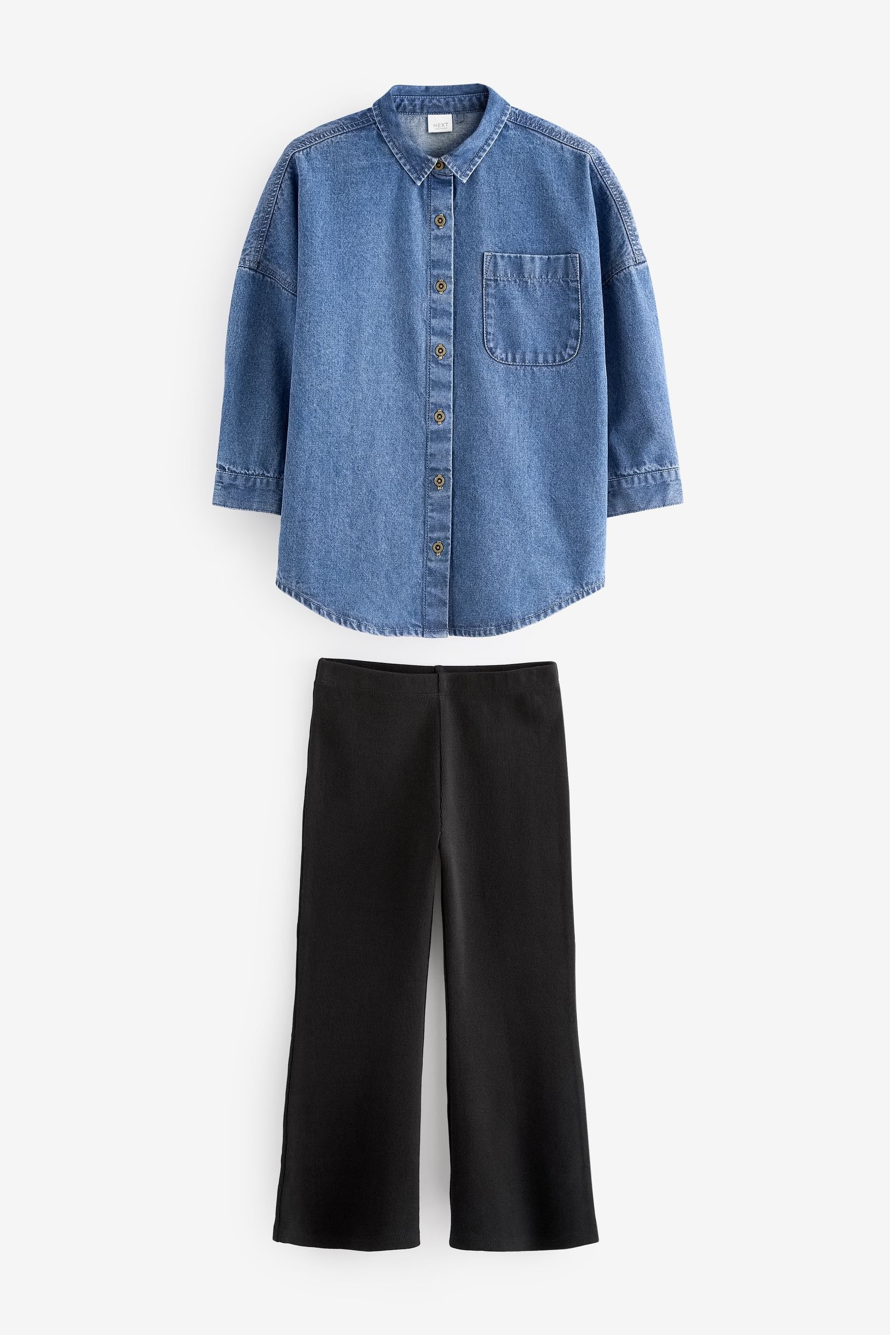 Black Flare Leggings And Denim Shirt Set (3-16yrs)