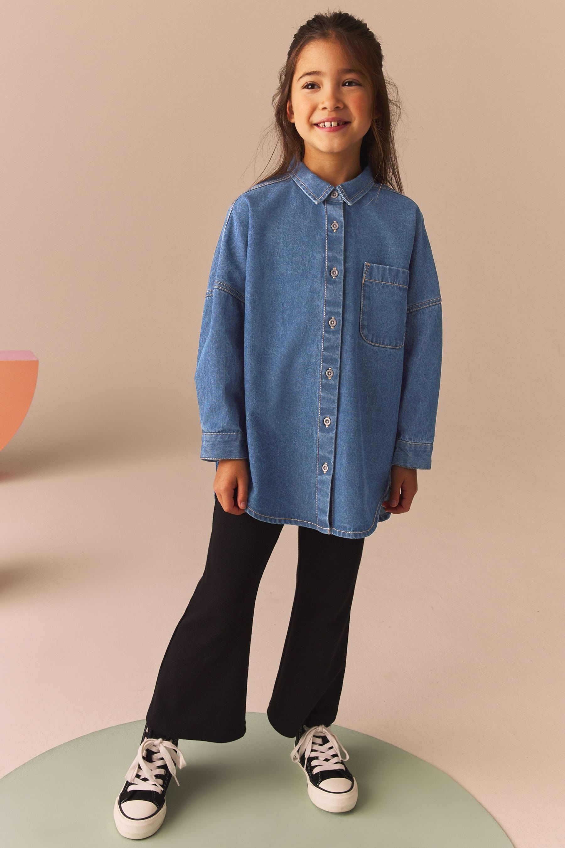 Black Flare 100% Cotton Leggings And Denim Shirt Set (3-16yrs)