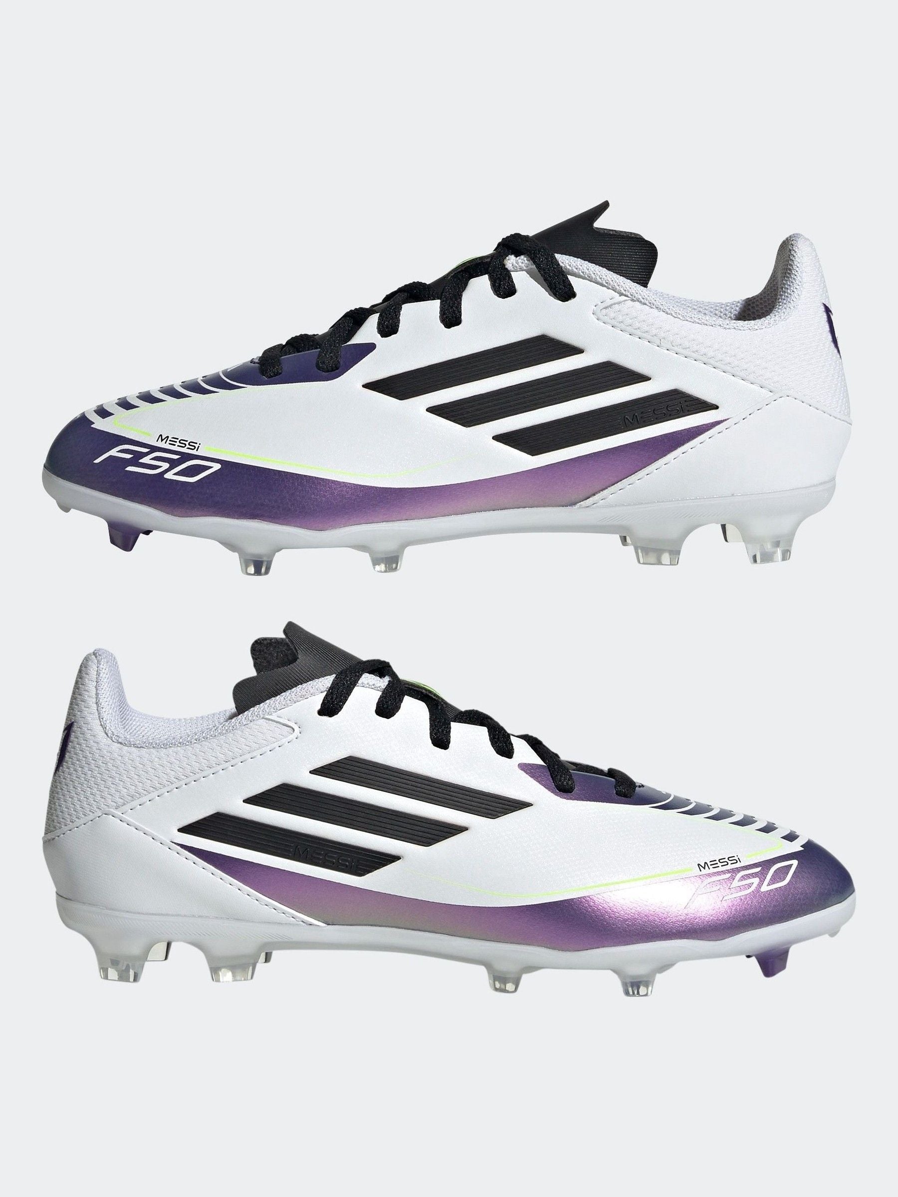 adidas White/Purple Messi F50 Kids League Firm/Multi-Ground Boots