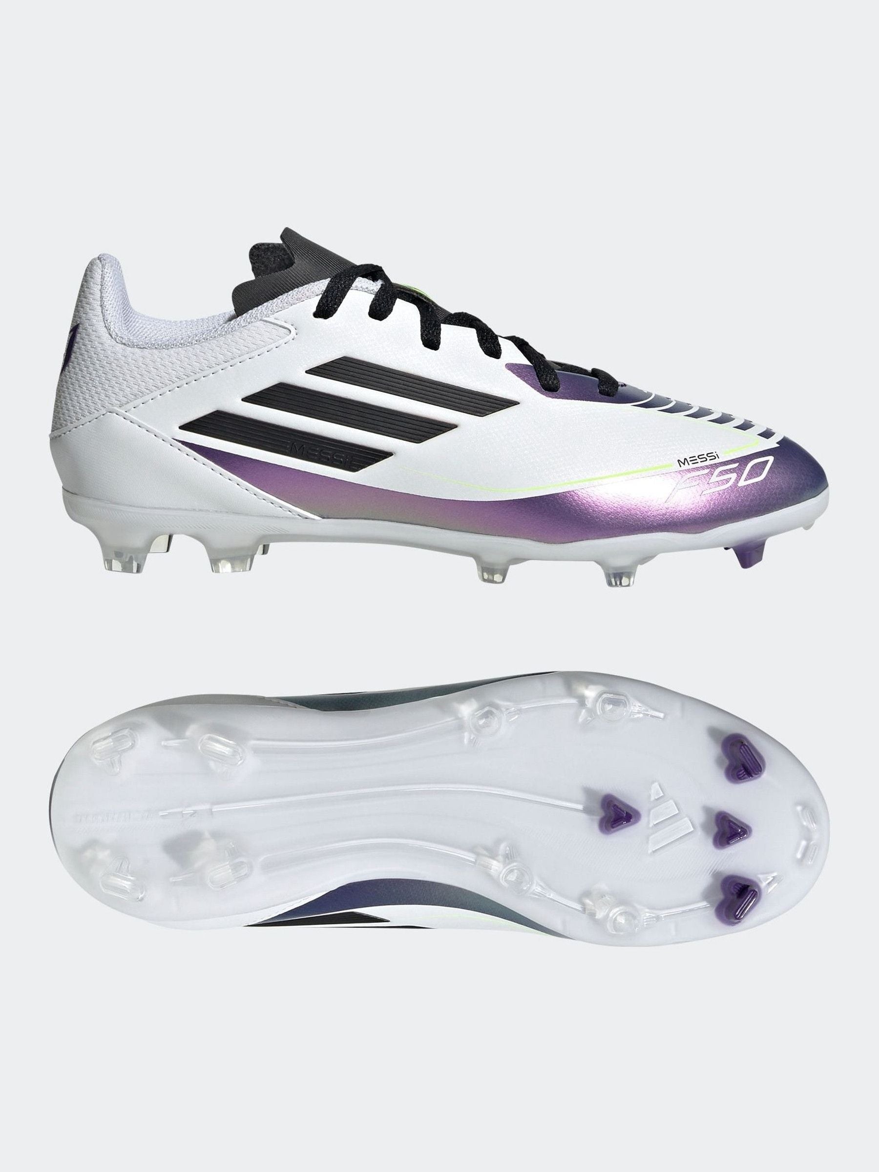 adidas White/Purple Messi F50 Kids League Firm/Multi-Ground Boots