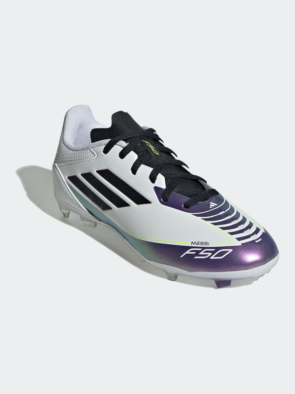 adidas White/Purple Messi F50 Kids League Firm/Multi-Ground Boots