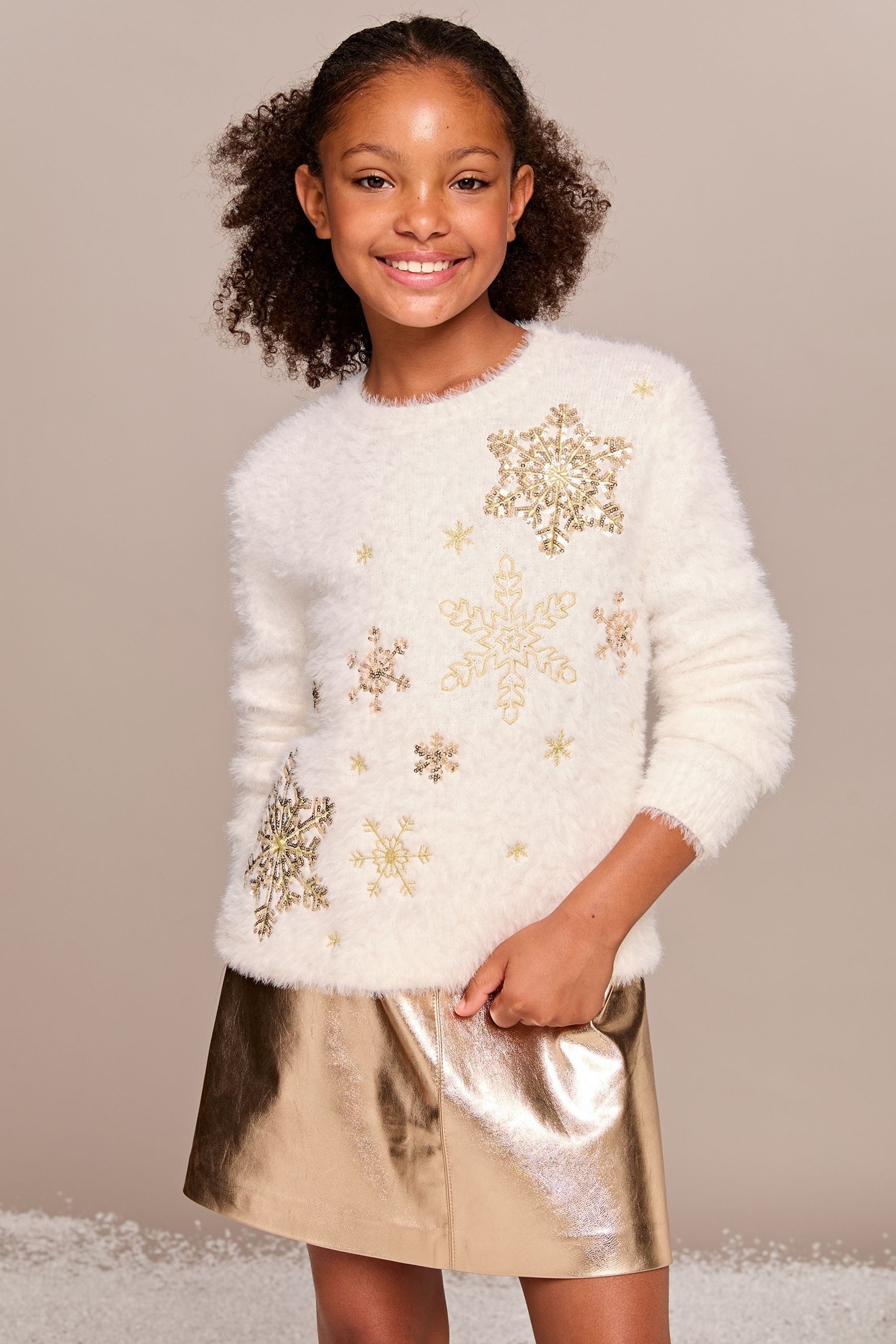 Lipsy Cream Knitted Christmas Jumper (5-16yrs)