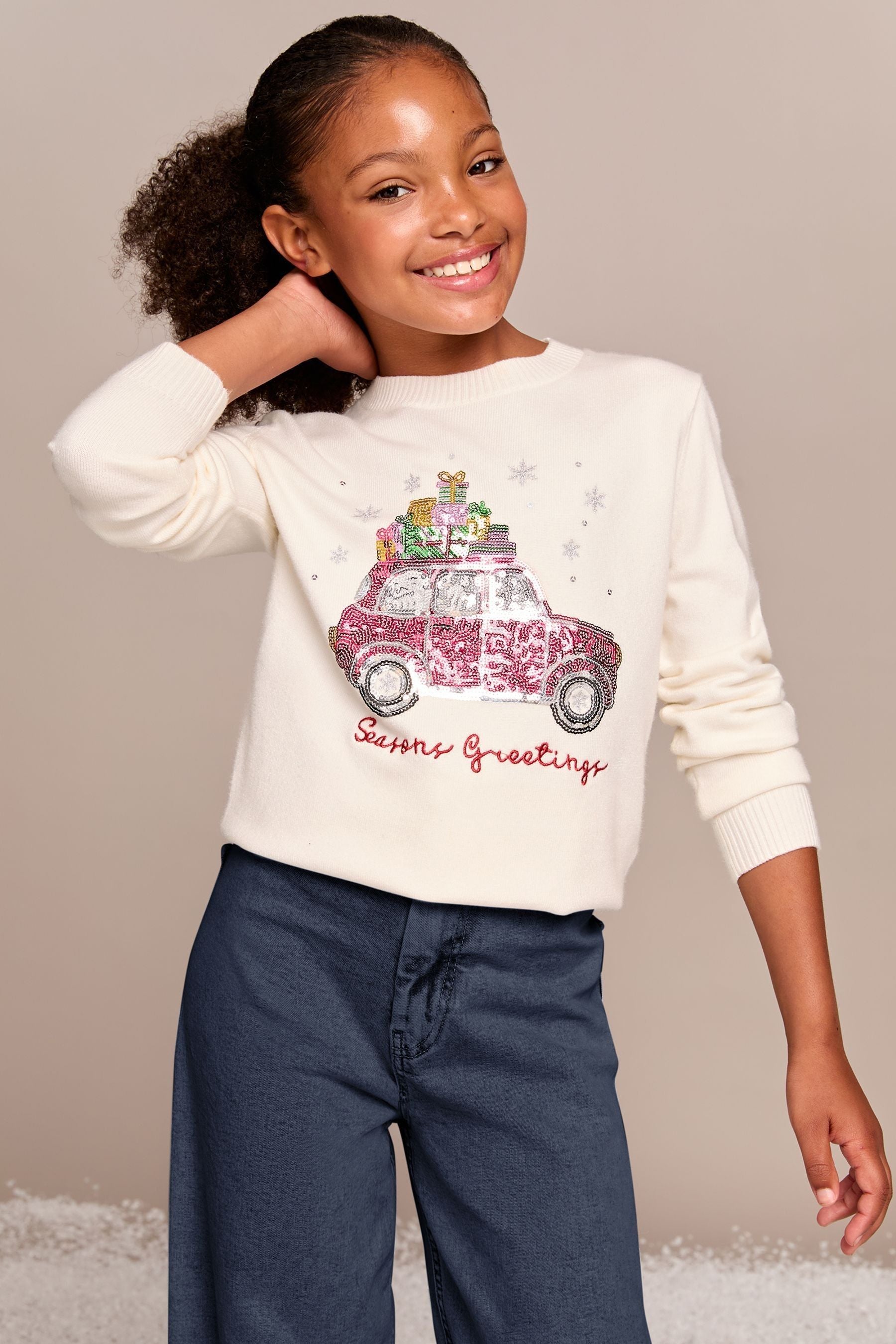 Lipsy Cream Car Knitted Christmas Jumper (5-16yrs)