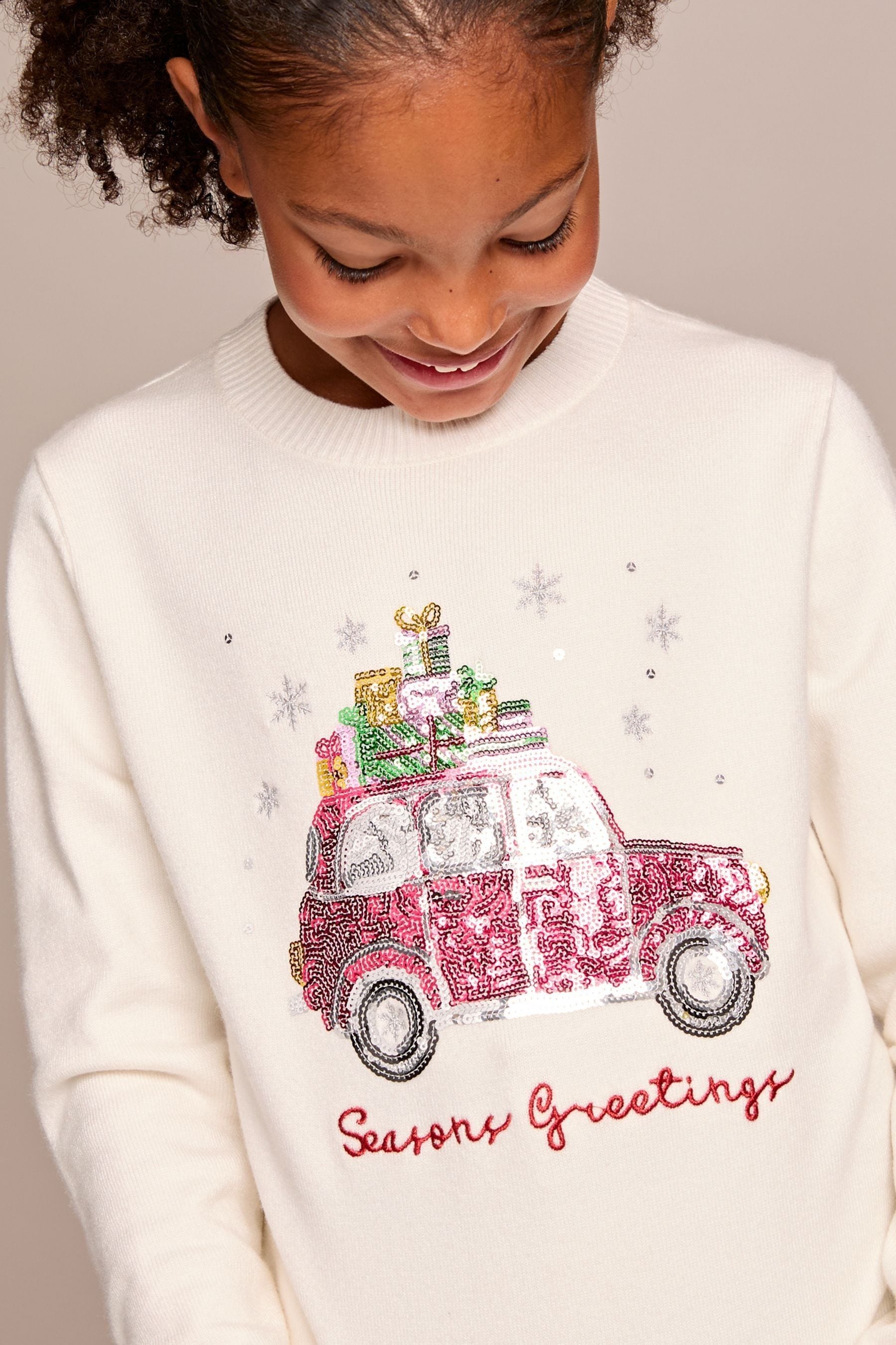 Lipsy Cream Car Knitted Christmas Jumper (5-16yrs)