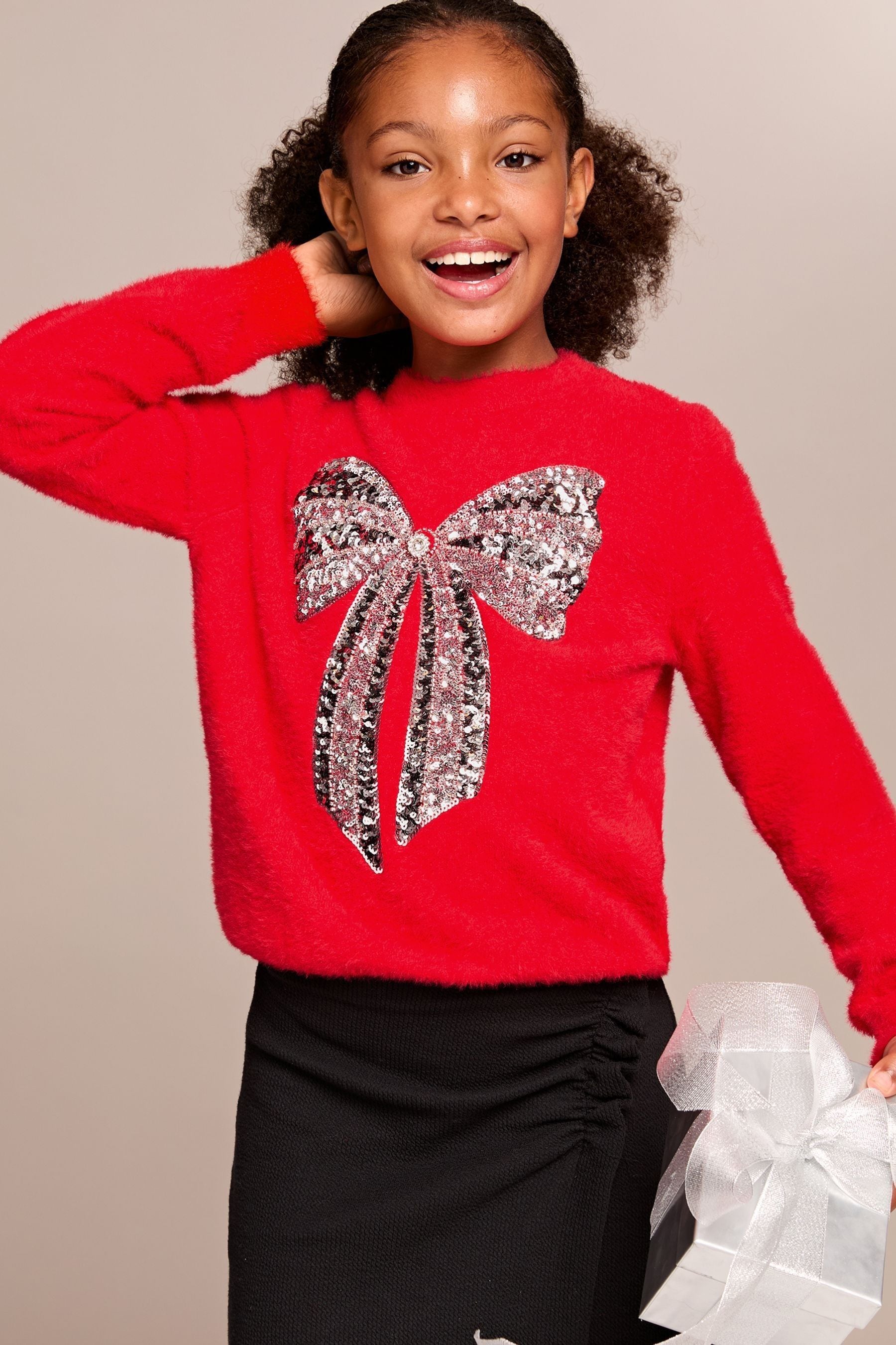 Lipsy Red Bow Knitted Christmas Jumper (5-16yrs)