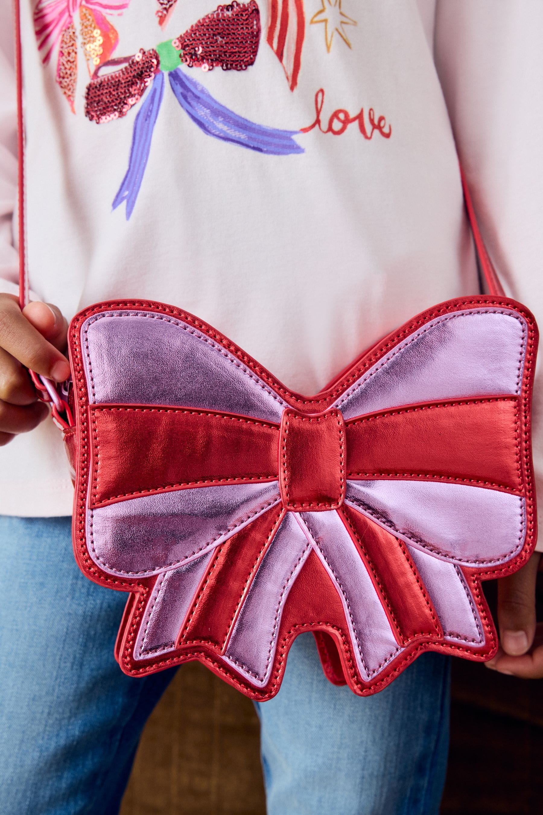 Red/Pink Metallic Bow Cross-Body Bag