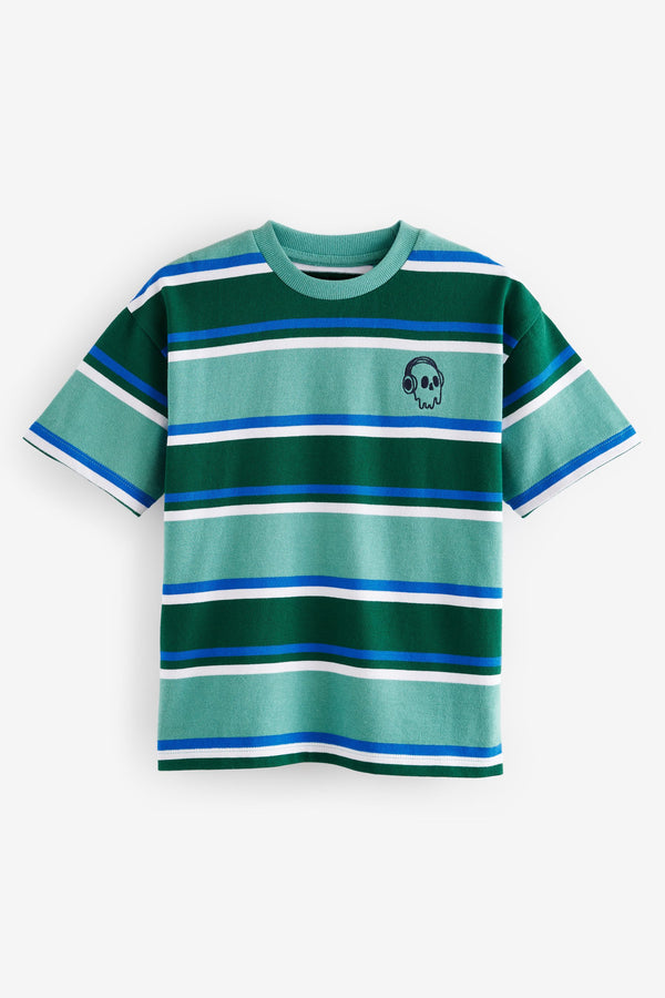 Blue/Green Relaxed Fit Stripe Heavyweight Short Sleeve 100% Cotton T-Shirt (3-16yrs)