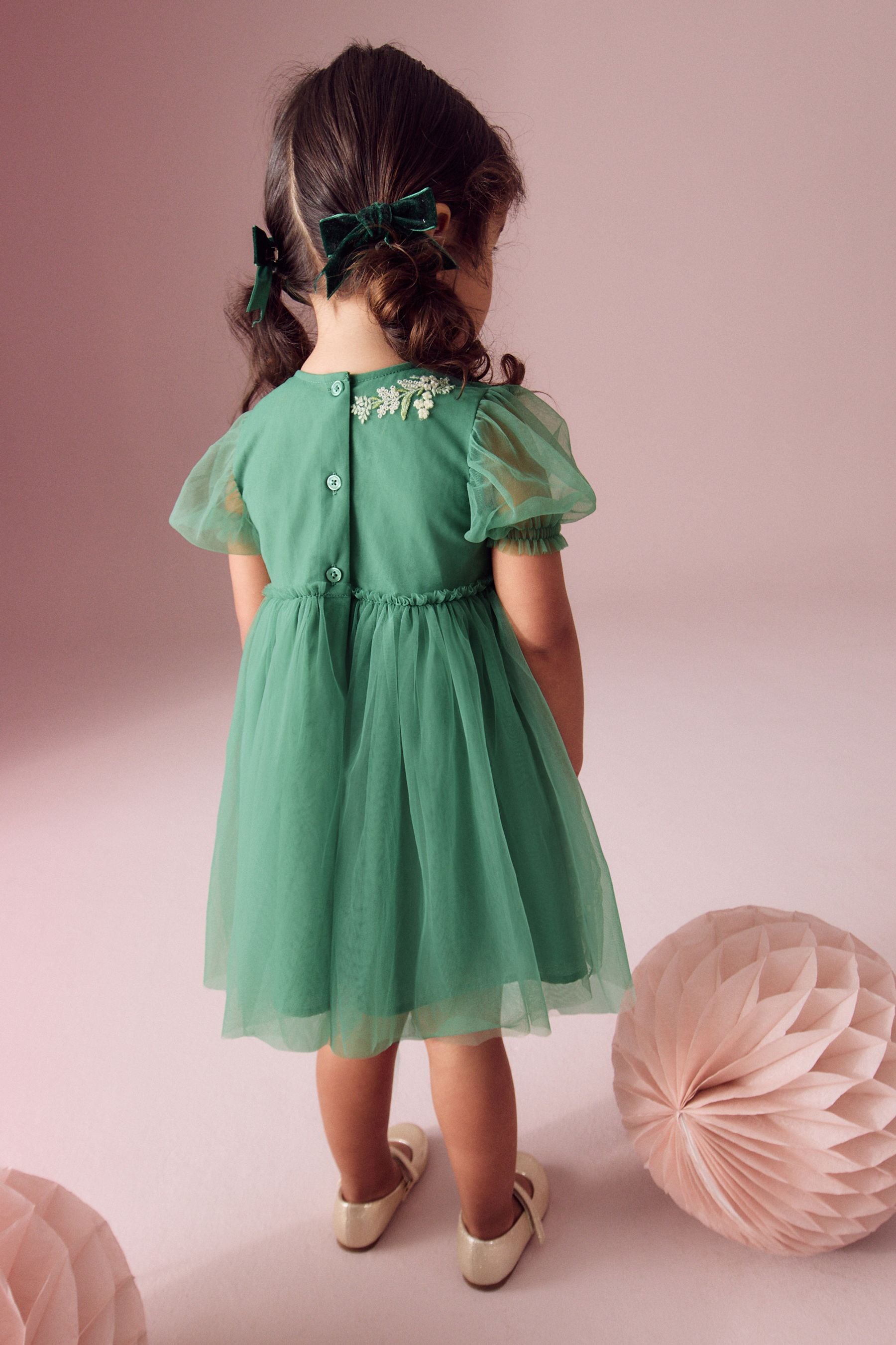 Green Embroidered Mesh Party Dress (3mths-10yrs)