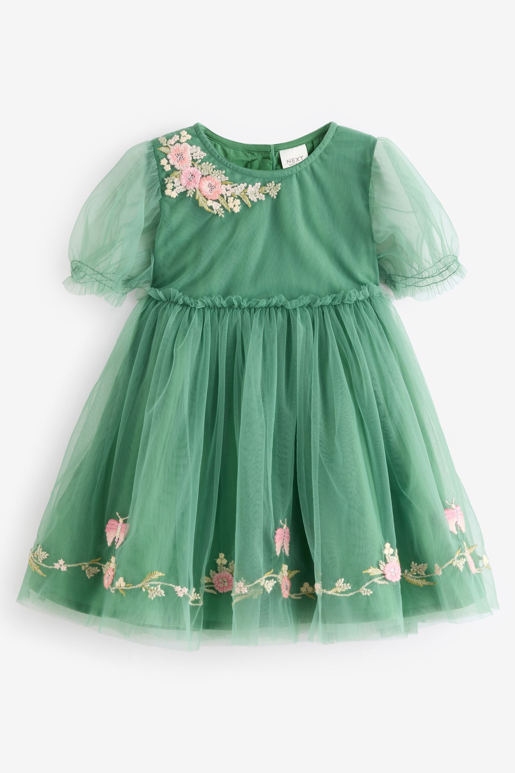 Green Embroidered Mesh Party Dress (3mths-10yrs)