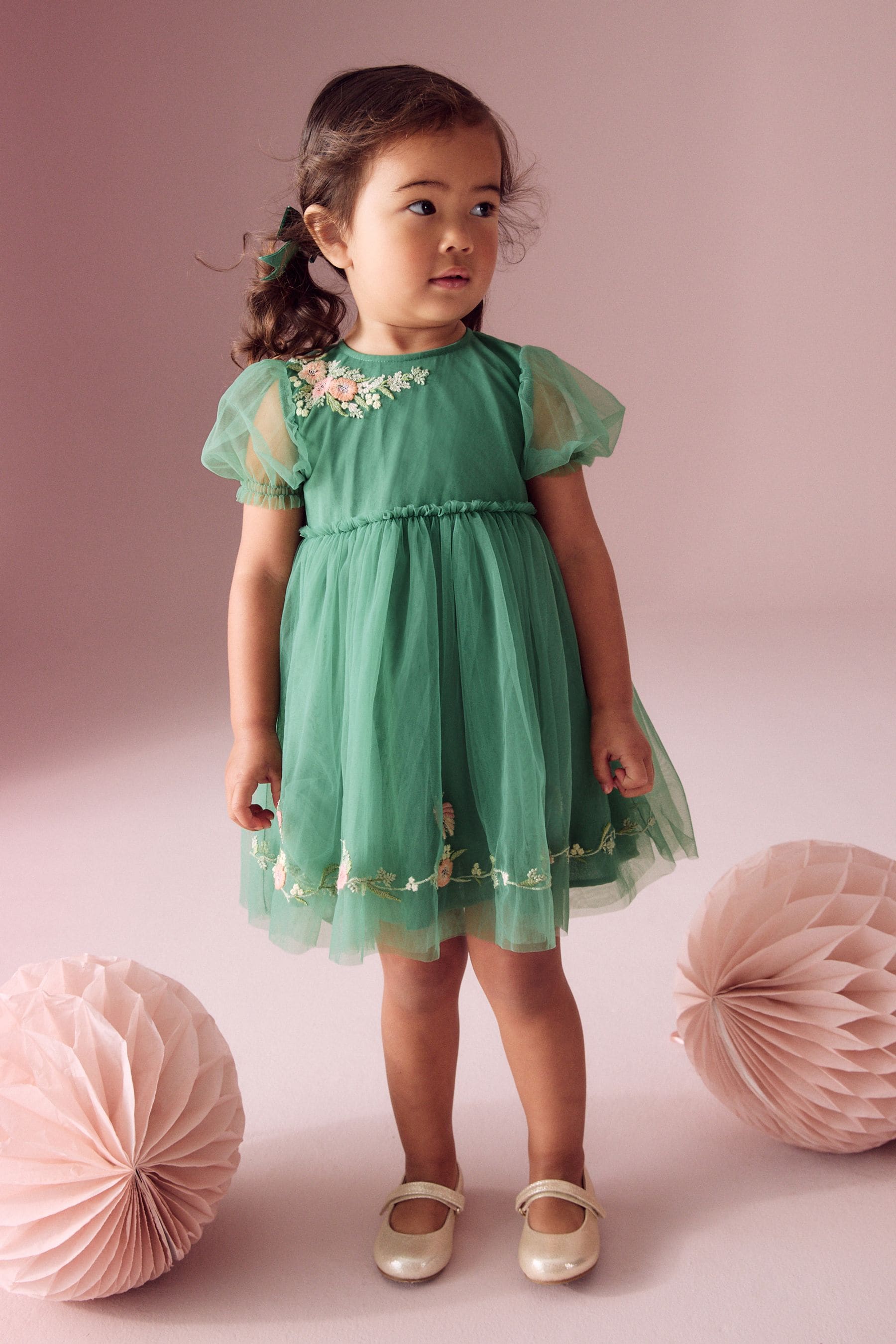 Green Embroidered Mesh Party Dress (3mths-10yrs)