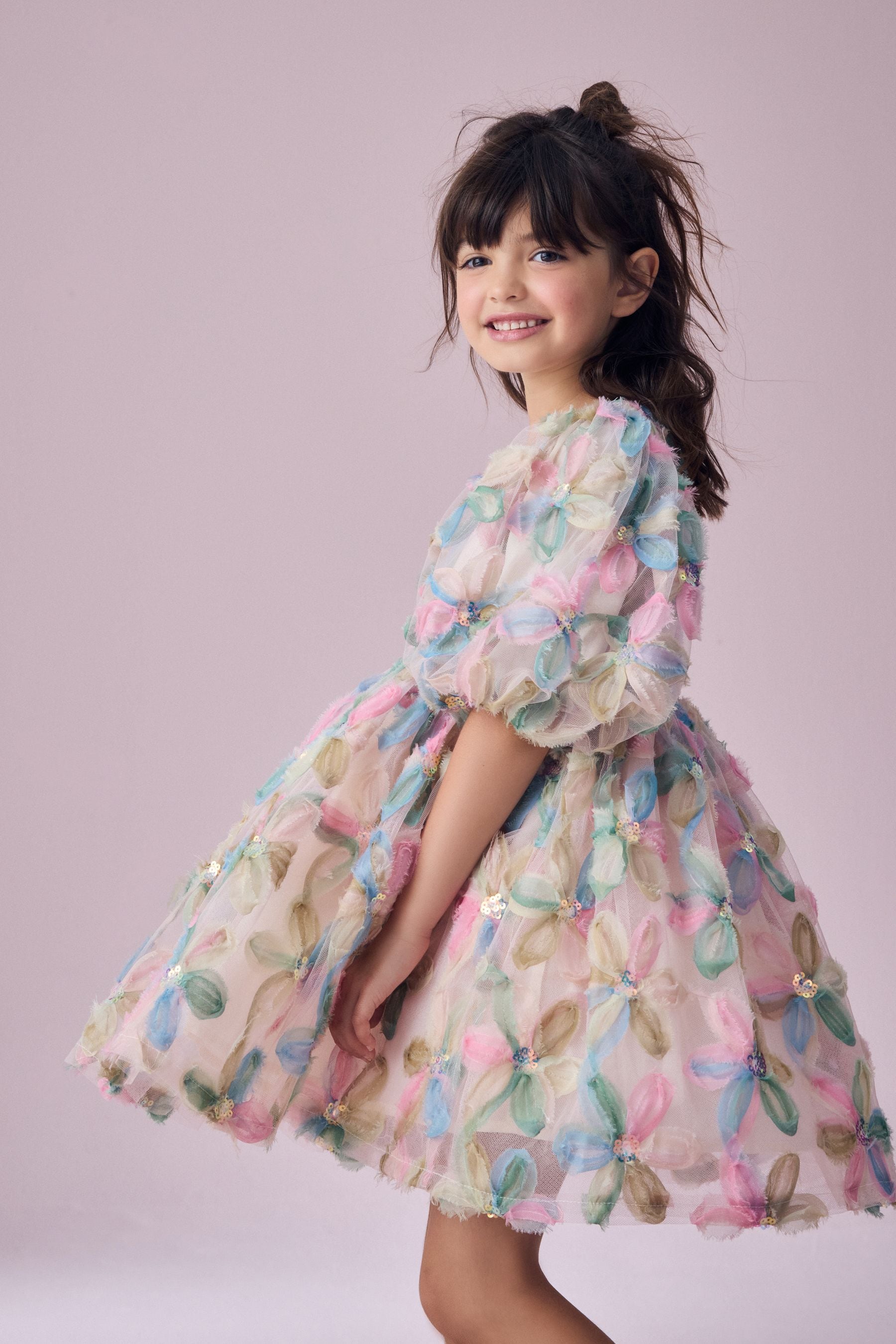 Pink Embellished Puff Sleeve Dress (3-16yrs)