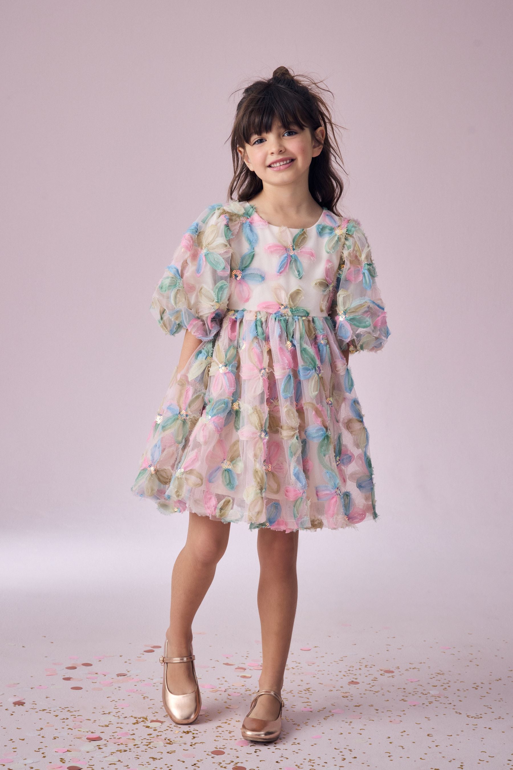 Pink Embellished Puff Sleeve Dress (3-16yrs)