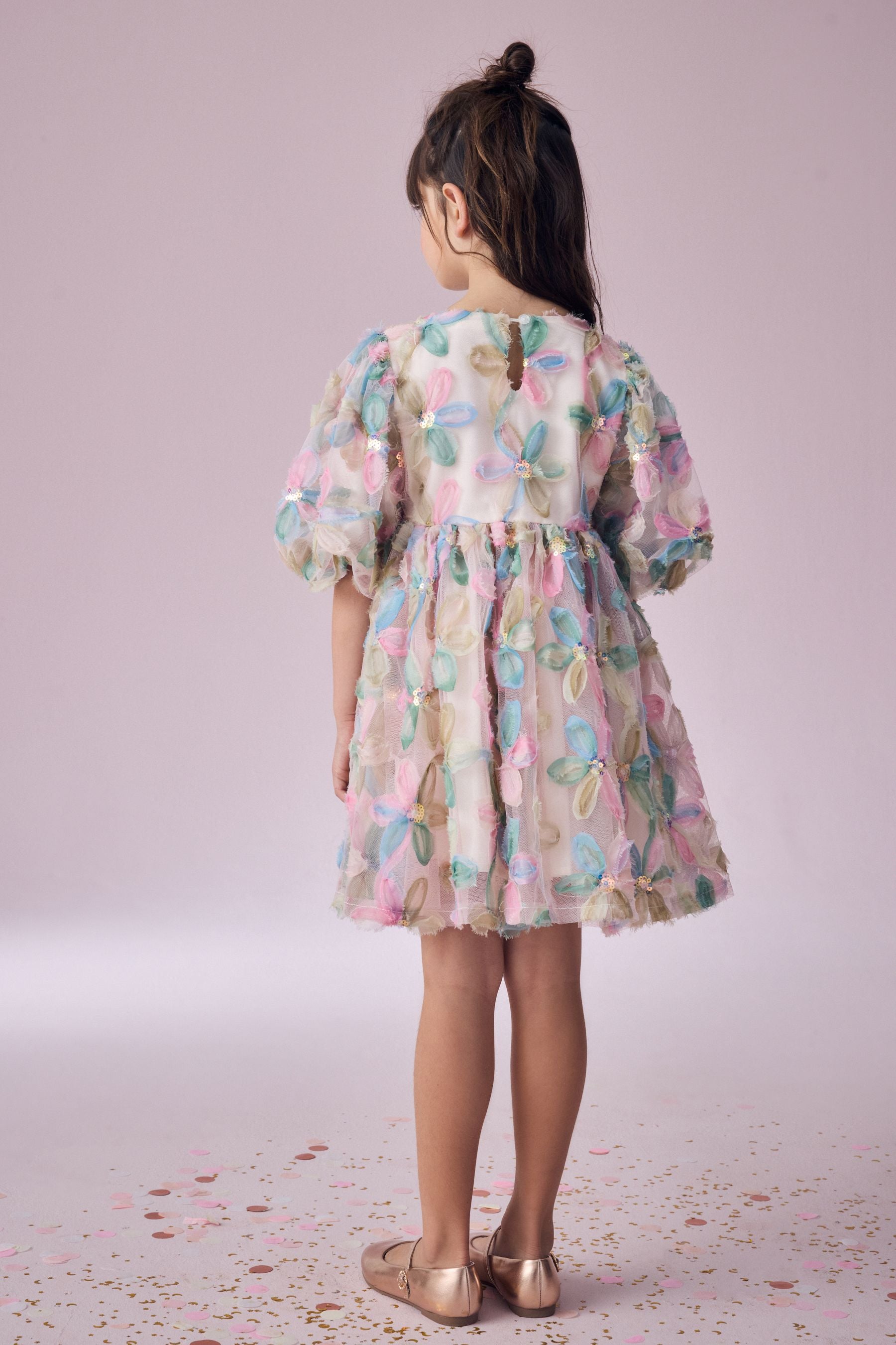 Pink Embellished Puff Sleeve Dress (3-16yrs)