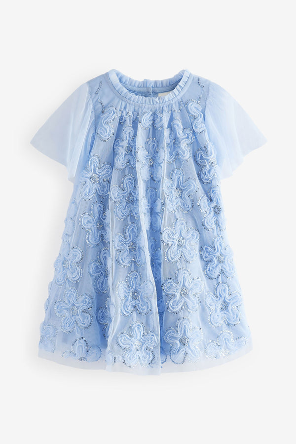 Blue Mesh Flower Print  Dress (3mths-7yrs)